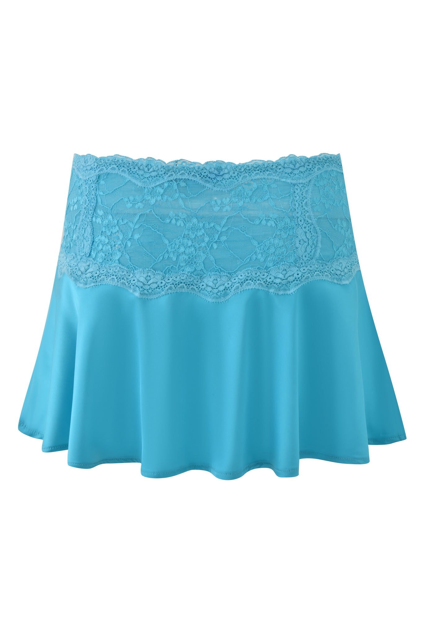 The ASHLING MINI SKIRT - TEAL by I.AM.GIA is a short satin mini skirt with a wide lace waistband and flared A-line silhouette, combining elegance and versatility for any occasion.