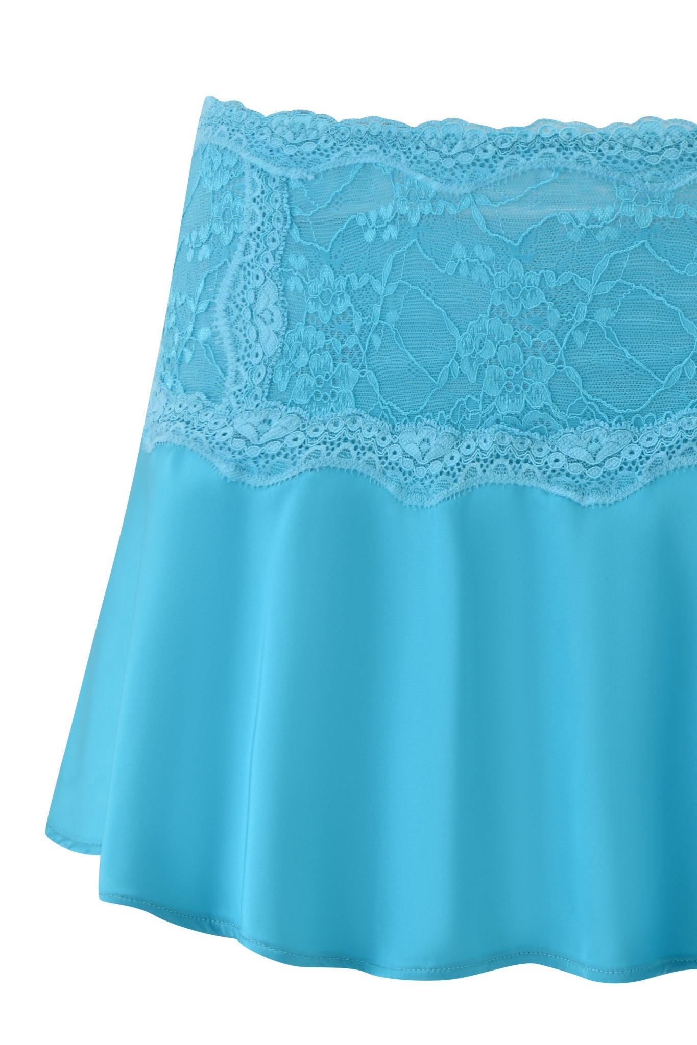 The ASHLING MINI SKIRT by I.AM.GIA features a teal mini-length A-line design with a flared, smooth bottom and delicate lace at the waistband for an elegant, playful look.