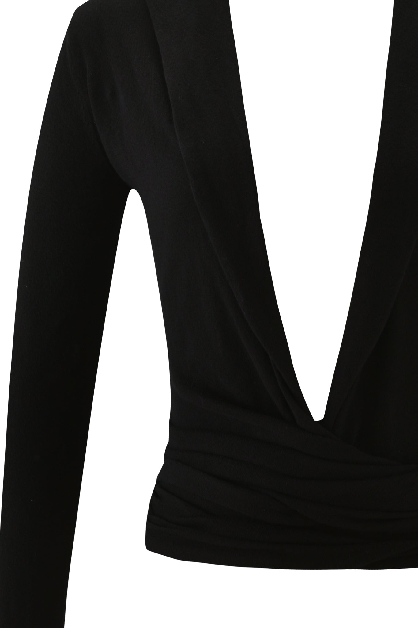 A close-up of the IRINA KNIT TOP - BLACK by I.AM.GIA, a 100% cotton hooded wrap top with long sleeves, deep V-neckline, and draped waist, shown on a white background.