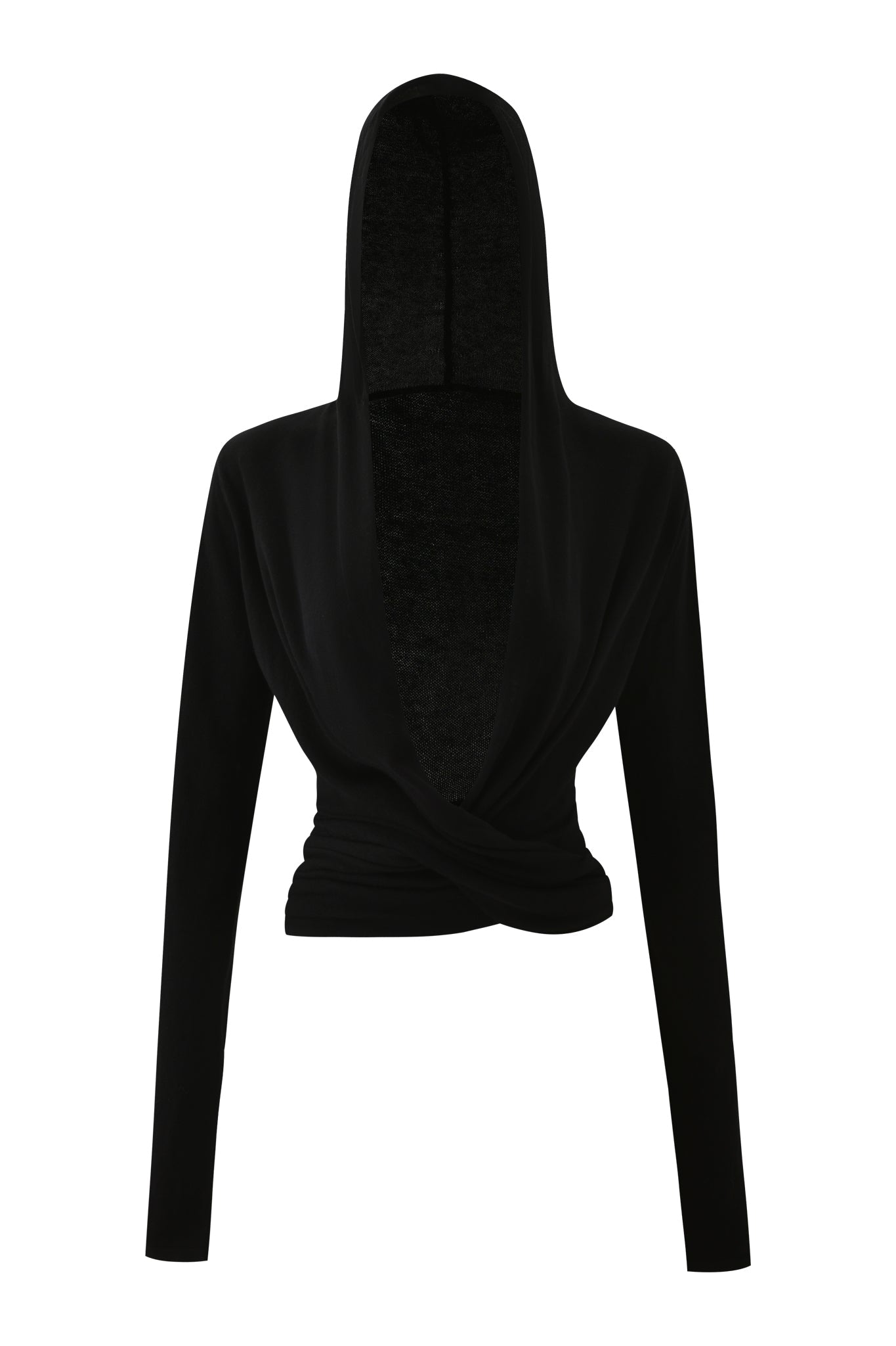 The IRINA KNIT TOP - BLACK by I.AM.GIA is a 100% cotton black hooded wrap top with long sleeves, a plunging neckline, and a twisted front design, shown against a plain white background.