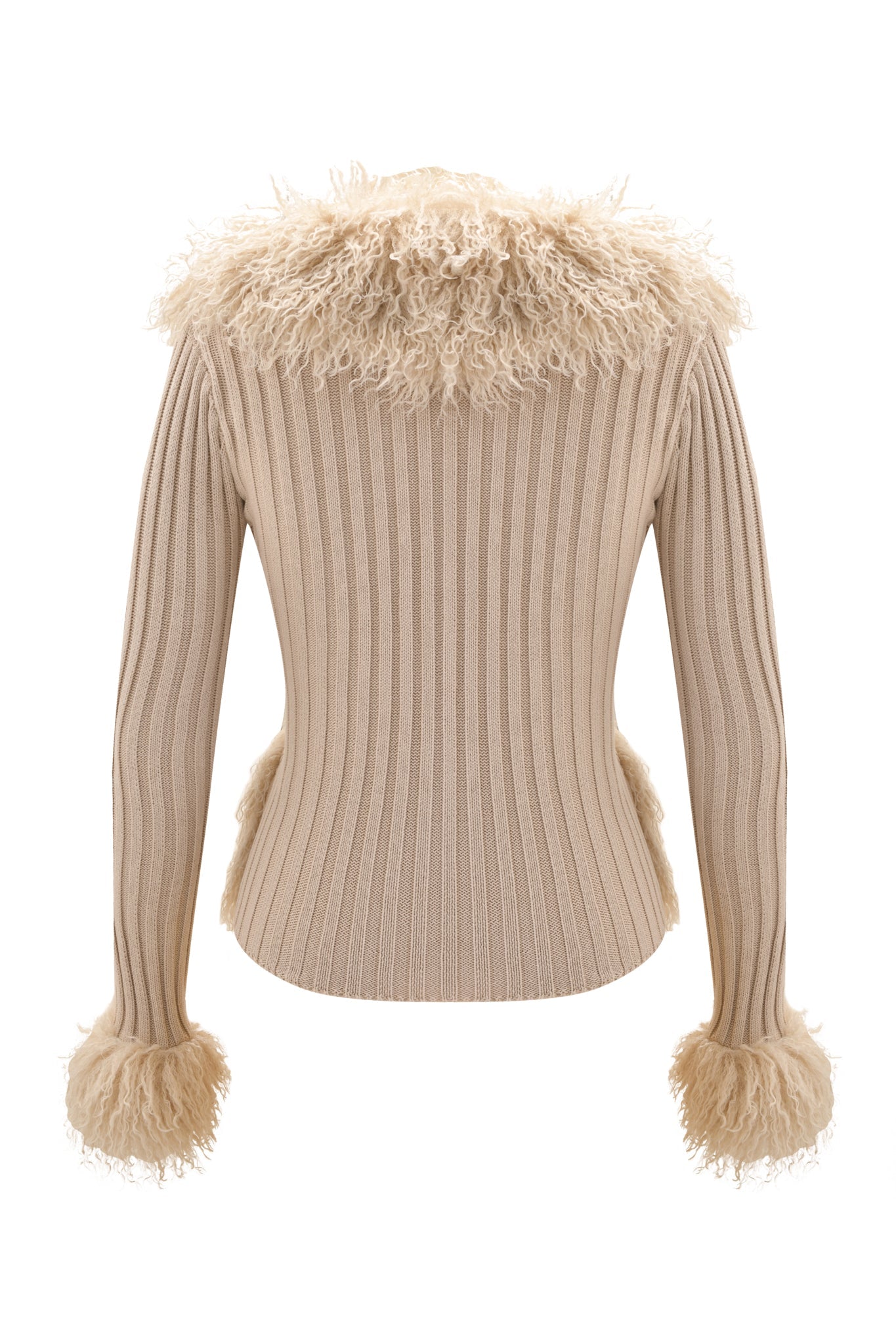 The CRESSIDA JACKET - TAN by I.AM.GIA features long sleeves, a ribbed knit design, and shaggy faux fur collar and cuffs for an elegant twist—shown from the back.