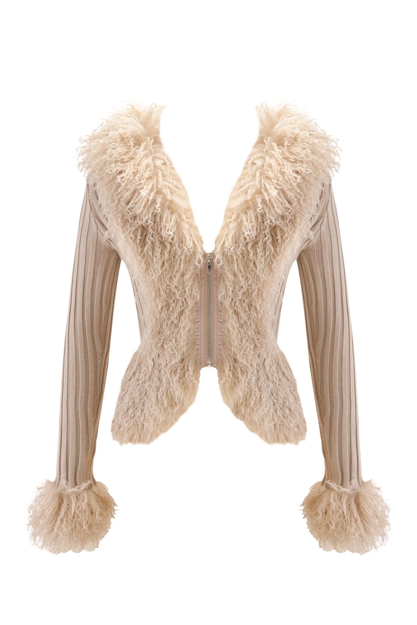 The I.AM.GIA CRESSIDA JACKET - TAN features a front zipper, ribbed knit sweater sleeves, and fluffy faux fur trim on the collar, cuffs, and front opening.