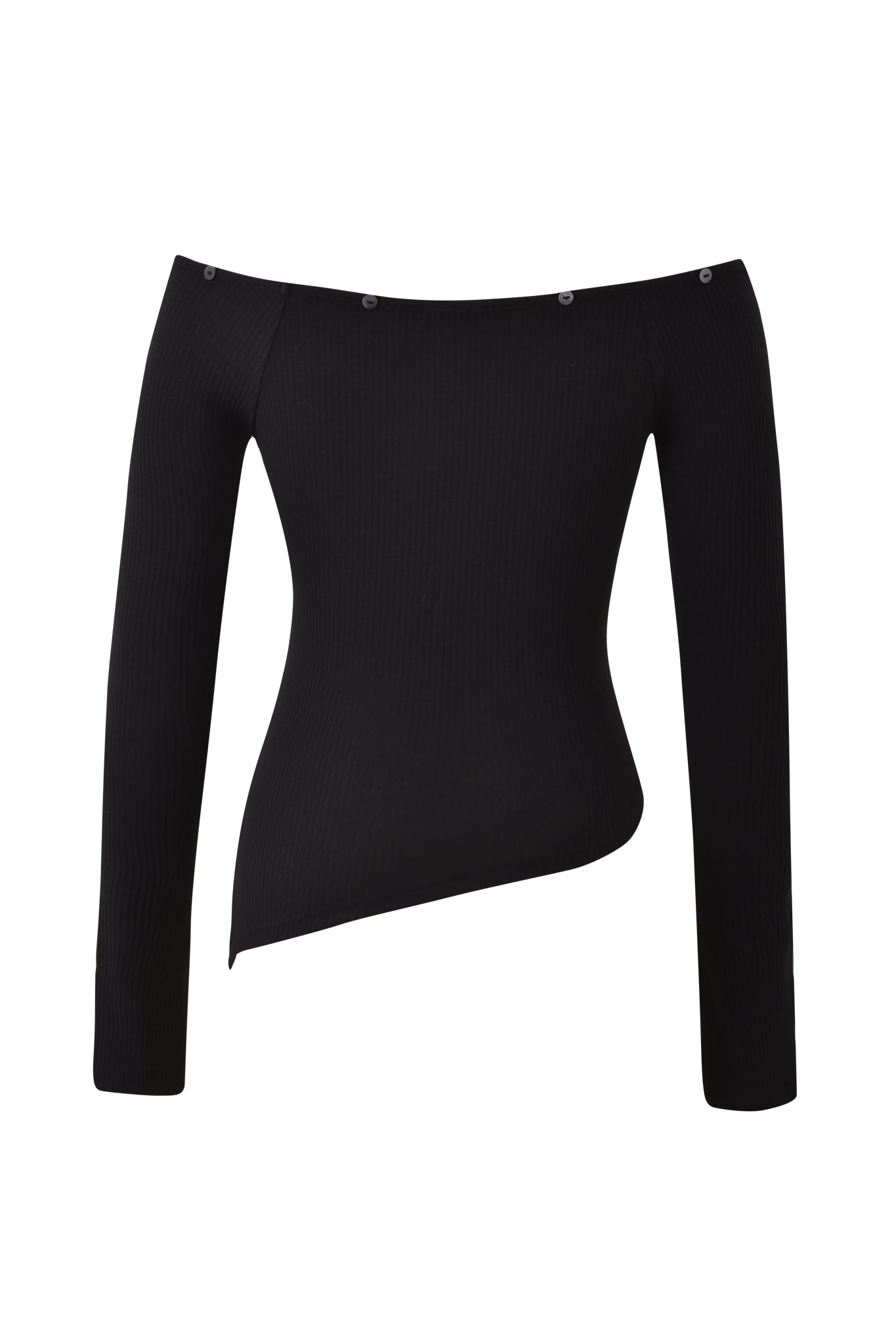The CECILY TOP - BLACK by I.AM.GIA is a black ribbed off-the-shoulder long sleeve top with an asymmetric hem and button details along the neckline, shown on a white background.