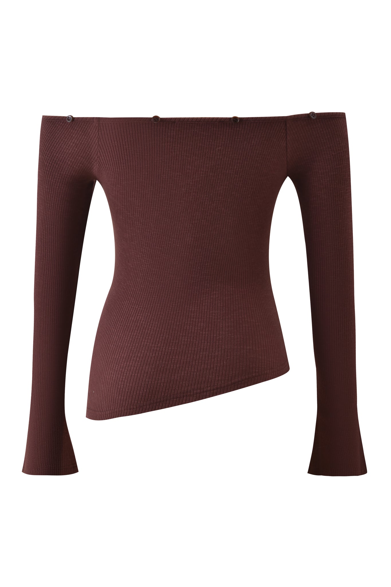 The CECILY TOP - BROWN by I.AM.GIA is a ribbed long sleeve top featuring an off-shoulder design, asymmetrical hem, and fitted silhouette—a chic statement piece for any wardrobe.