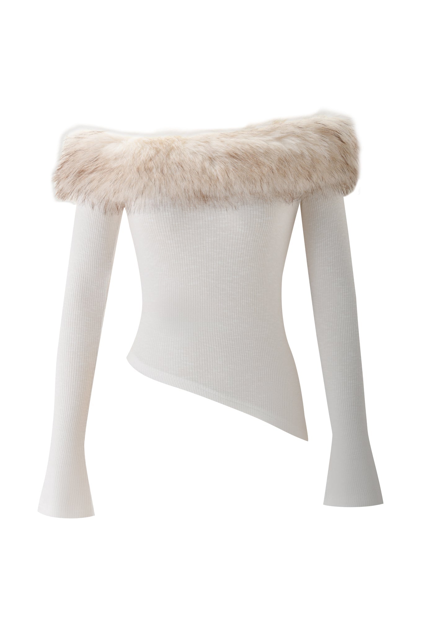 The CECILY TOP - CREAM by I.AM.GIA features an off-the-shoulder, long-sleeve design, cream ribbed fabric, an asymmetrical hem, and a wide light brown faux fur trim at the neckline.