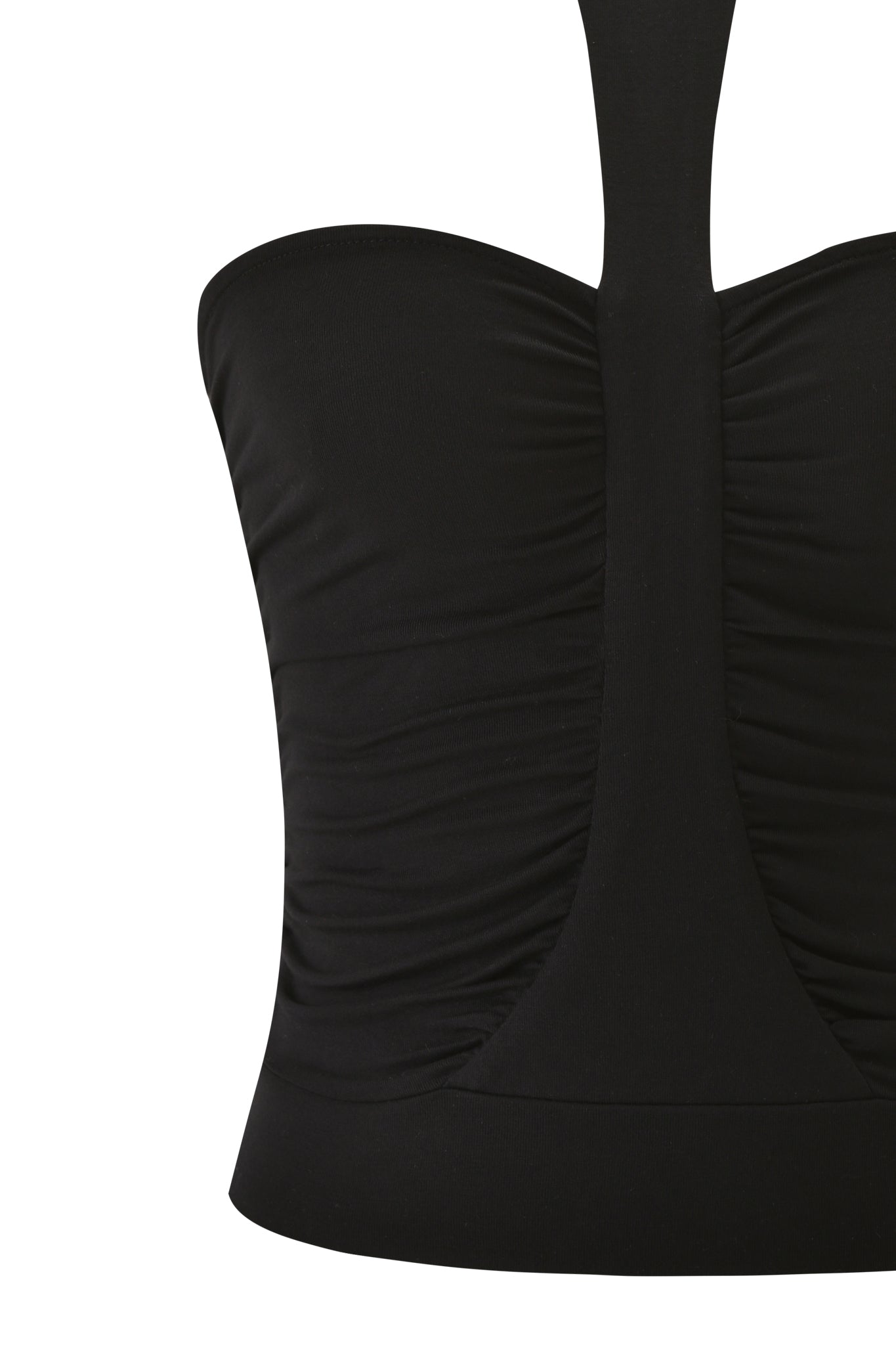 Close-up of the SENNA TOP - BLACK by I.AM.GIA, featuring a black strapless bodice with ruched detailing and a halter neck strap, shown against a white background.