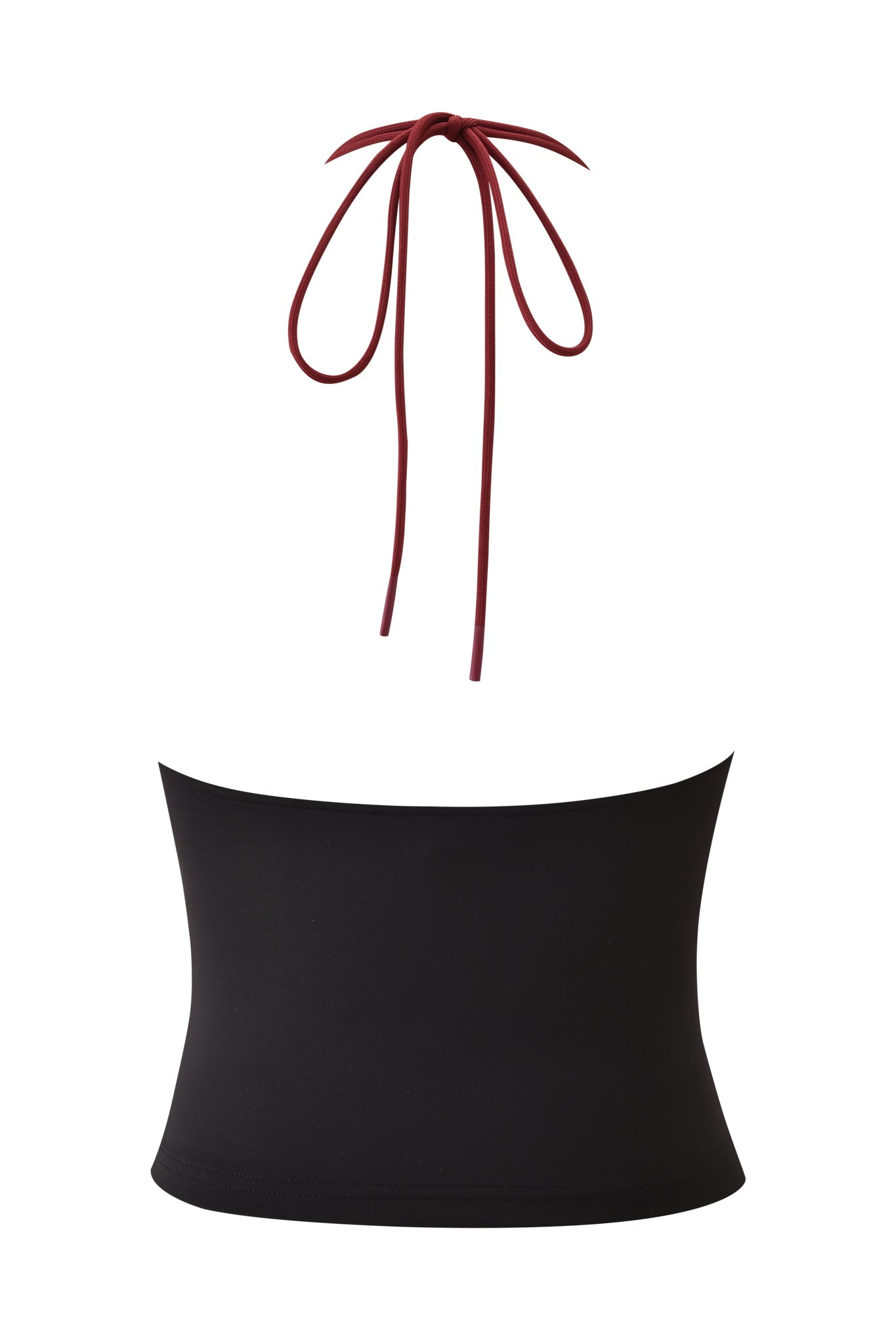 The ONYX TOP - BLACK by I.AM.GIA features a strapless, bodycon fit with a dark red halter bow tie that accentuates the plunging neckline against a white backdrop.