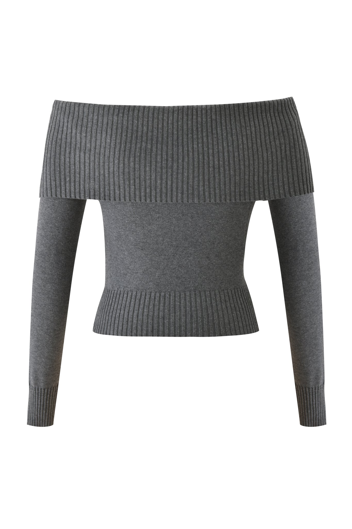 The ZION CARDIGAN in grey by I.AM.GIA is a fitted, long-sleeve off-the-shoulder sweater featuring ribbed details at the neckline, cuffs, and hem for a modern, versatile look.