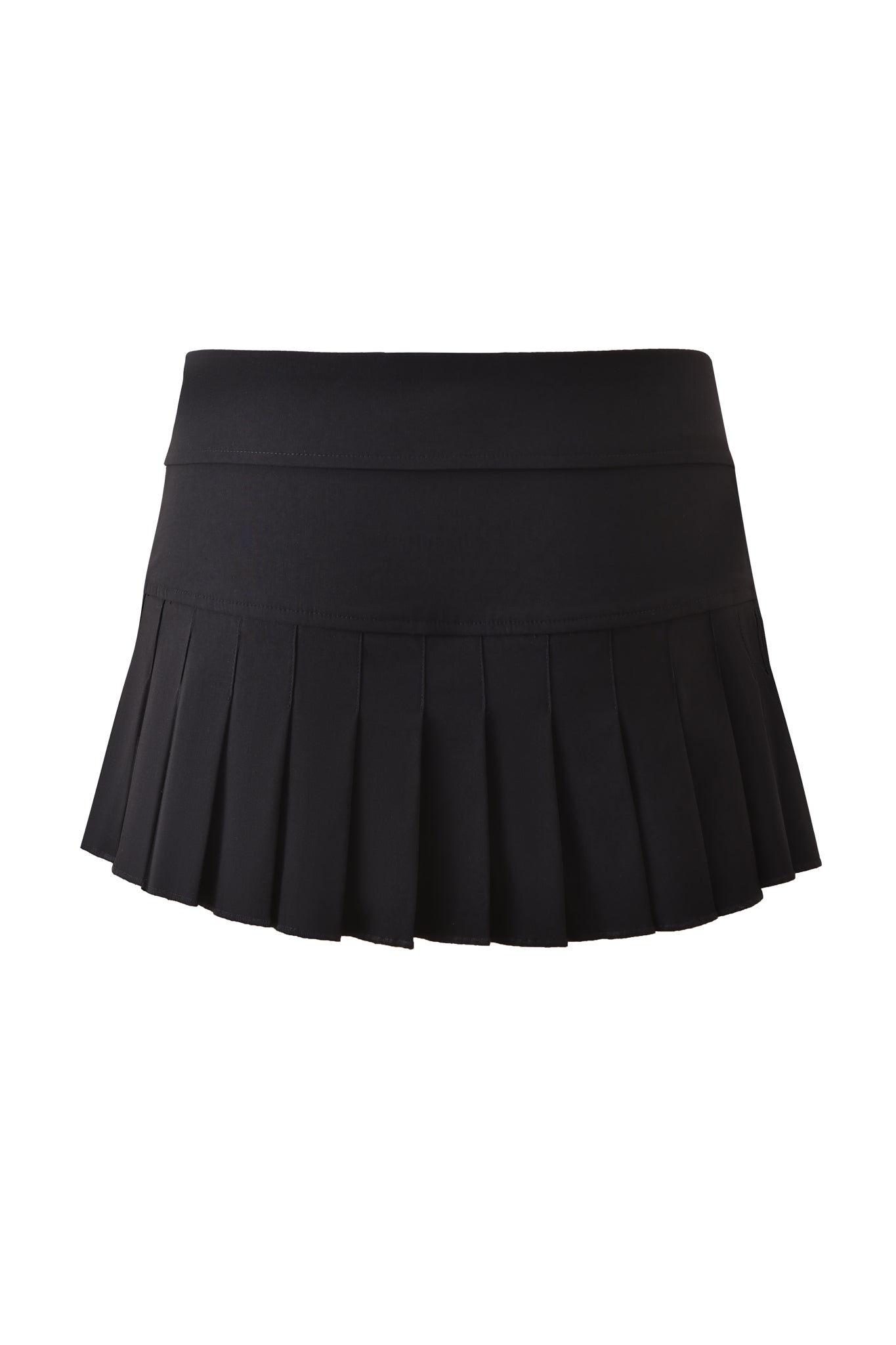 The BLAKE MINI SKORT - BLACK by I.AM.GIA features a pleated design and fitted mid rise waist, shown against a white background.