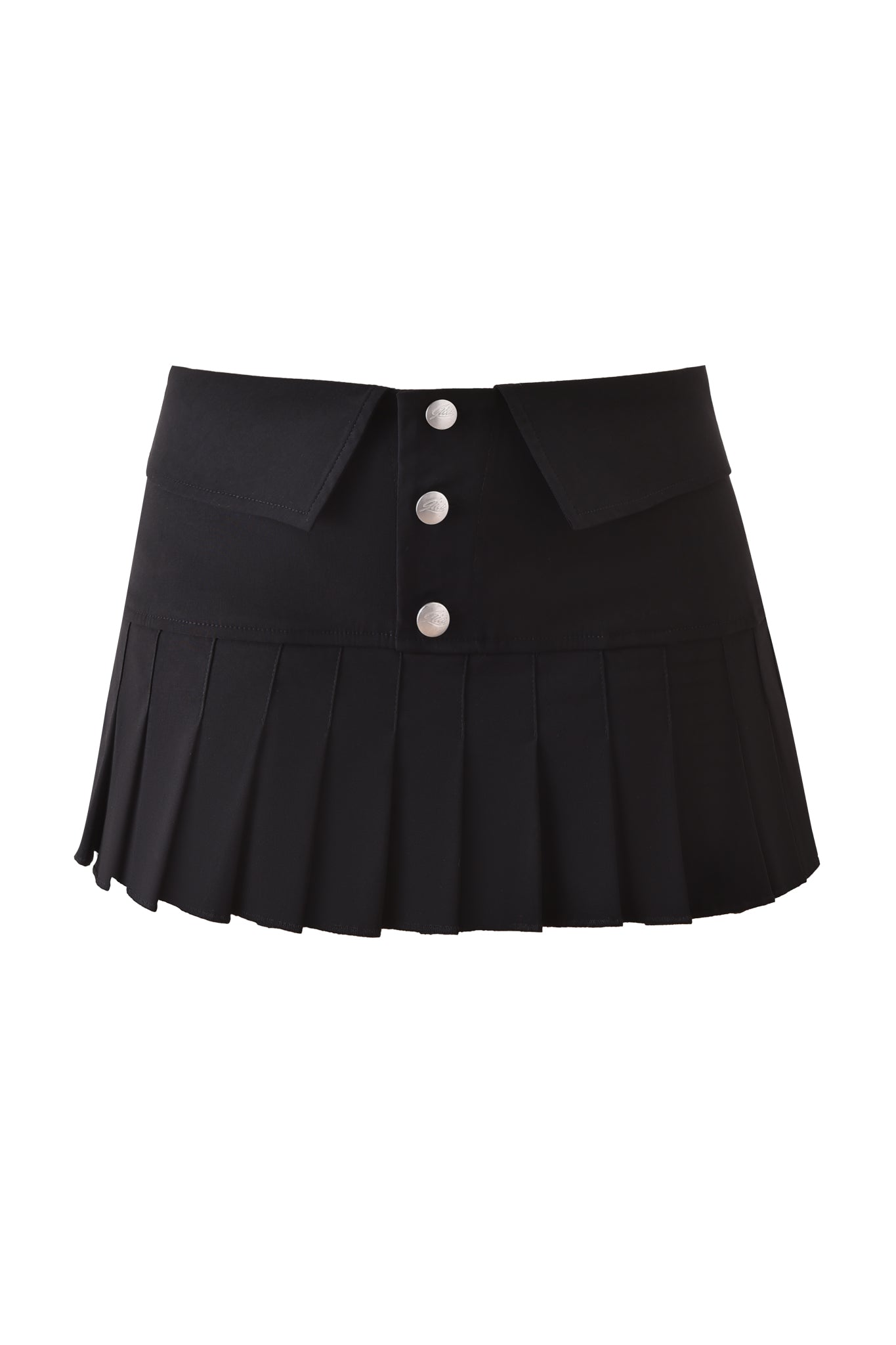 The BLAKE MINI SKORT - BLACK by I.AM.GIA is a black micro mini skort with pleats, mid rise, front button closure, waist pocket flaps, and three silver buttons down the front for a structured, polished look.