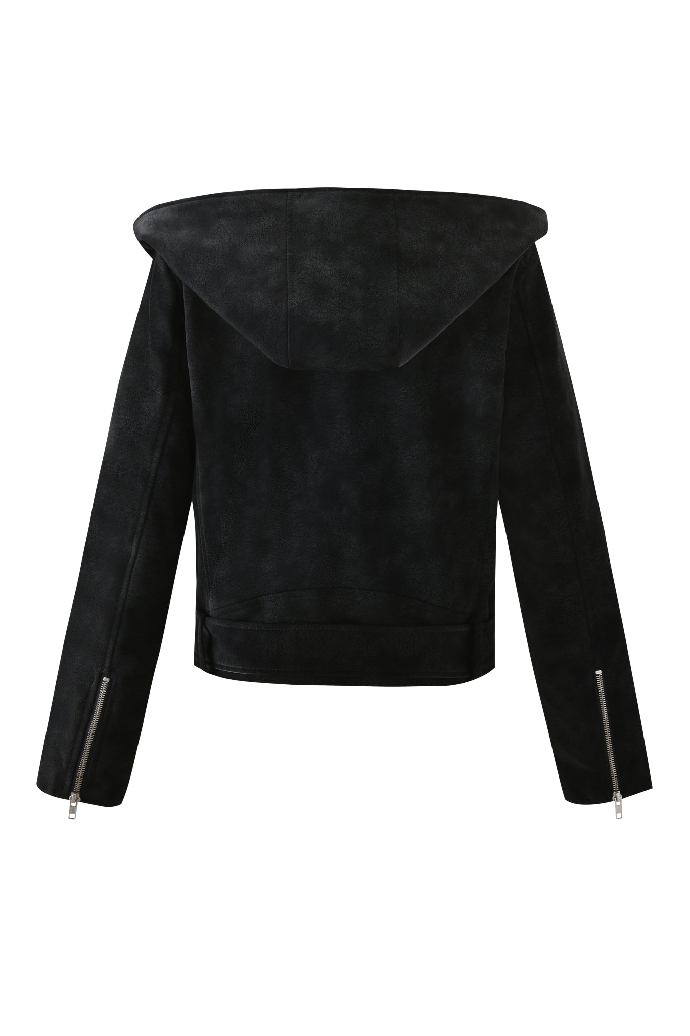 The ANDROMEDA JACKET - BLACK by I.AM.GIA features black faux leather, an oversized hood, long sleeves, silver cuff zippers, and a wide collar. Shown flat on a white background to display the back view.
