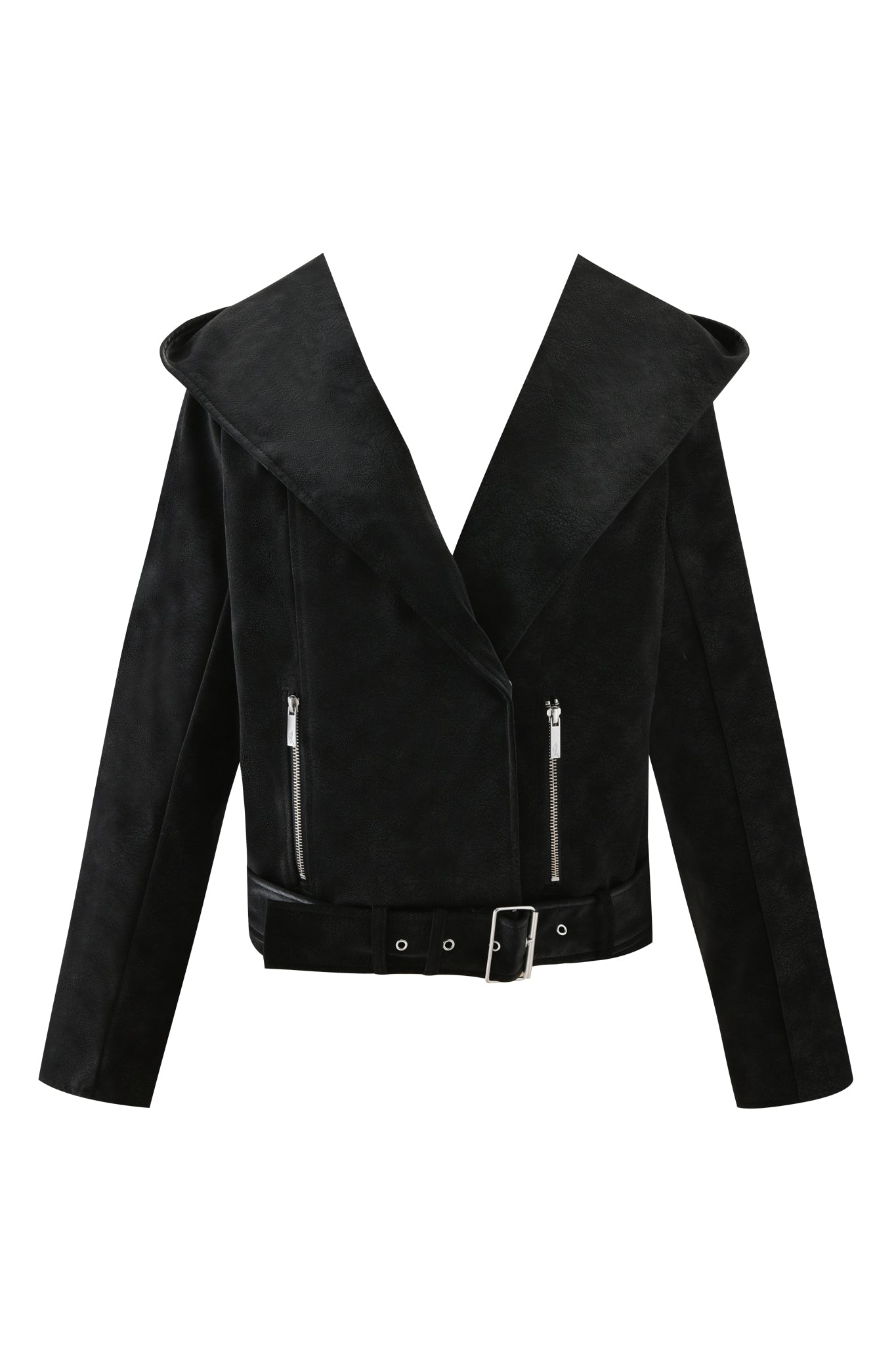 The ANDROMEDA JACKET - BLACK by I.AM.GIA features black faux suede, wide lapels, an asymmetrical front zipper, two zippered pockets, long sleeves, and a belted waist.
