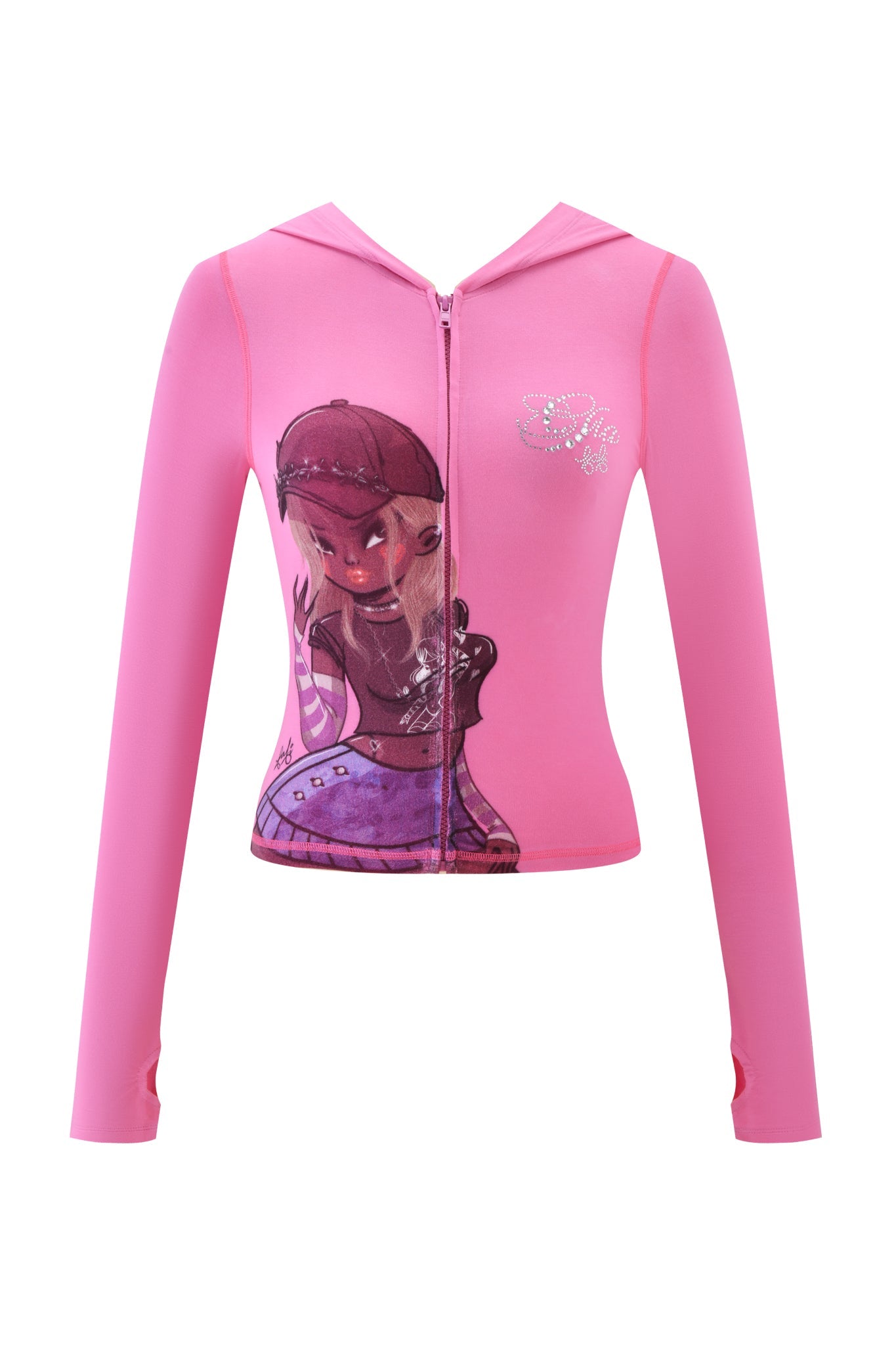 The I.AM.GIA FAFI BLARE HOODIE in bubblegum pink features long sleeves with thumb holes, a zip-up front, and rhinestone text on the chest, plus artwork of a girl in a purple outfit and hat.