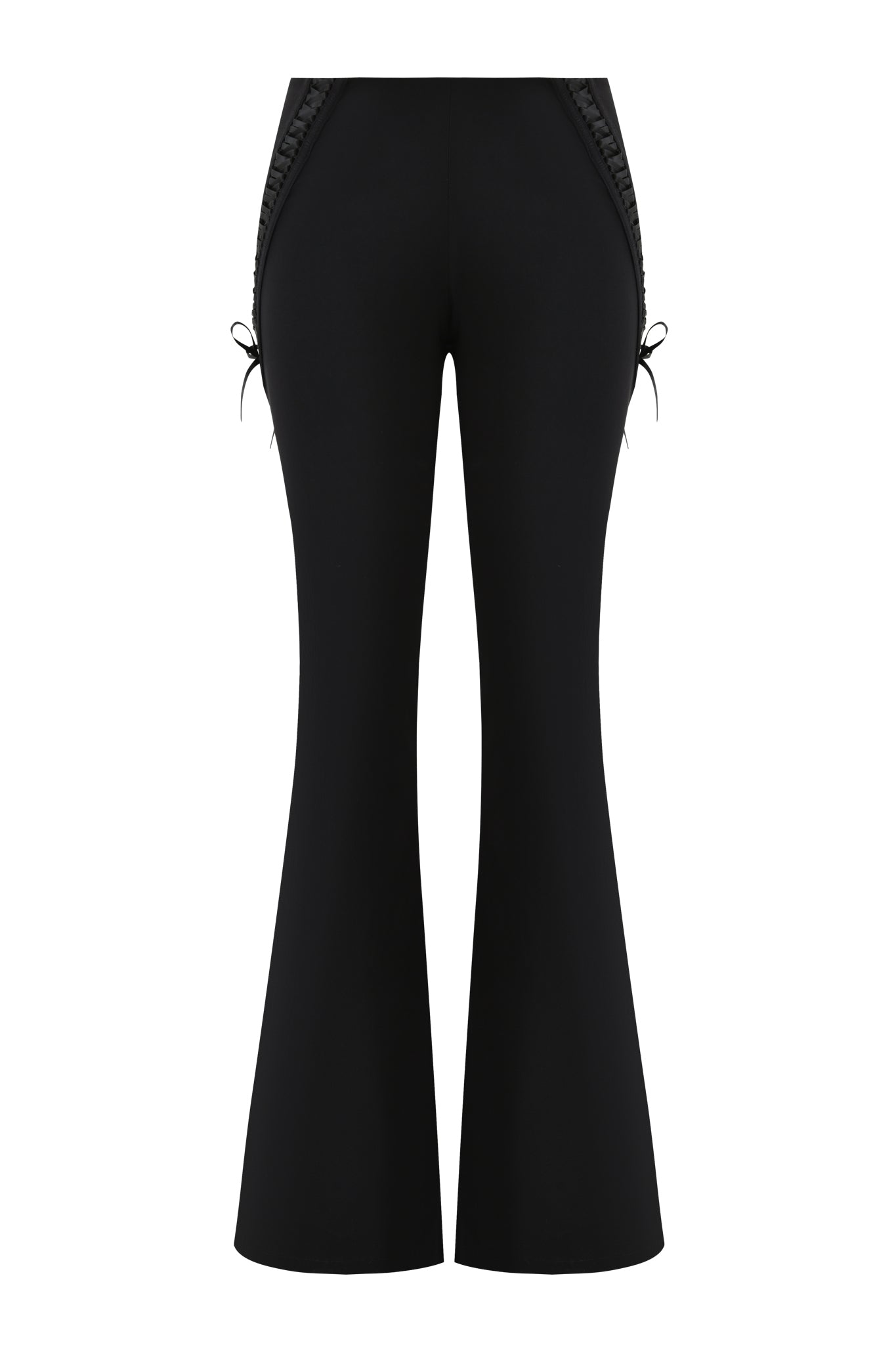 The SAMIRA PANT - BLACK by I.AM.GIA features a high-waisted fit, lace-up detailing, braided trim at the hips, slight side cutouts, and flared hems. The smooth fabric fits through the thighs before flaring out.