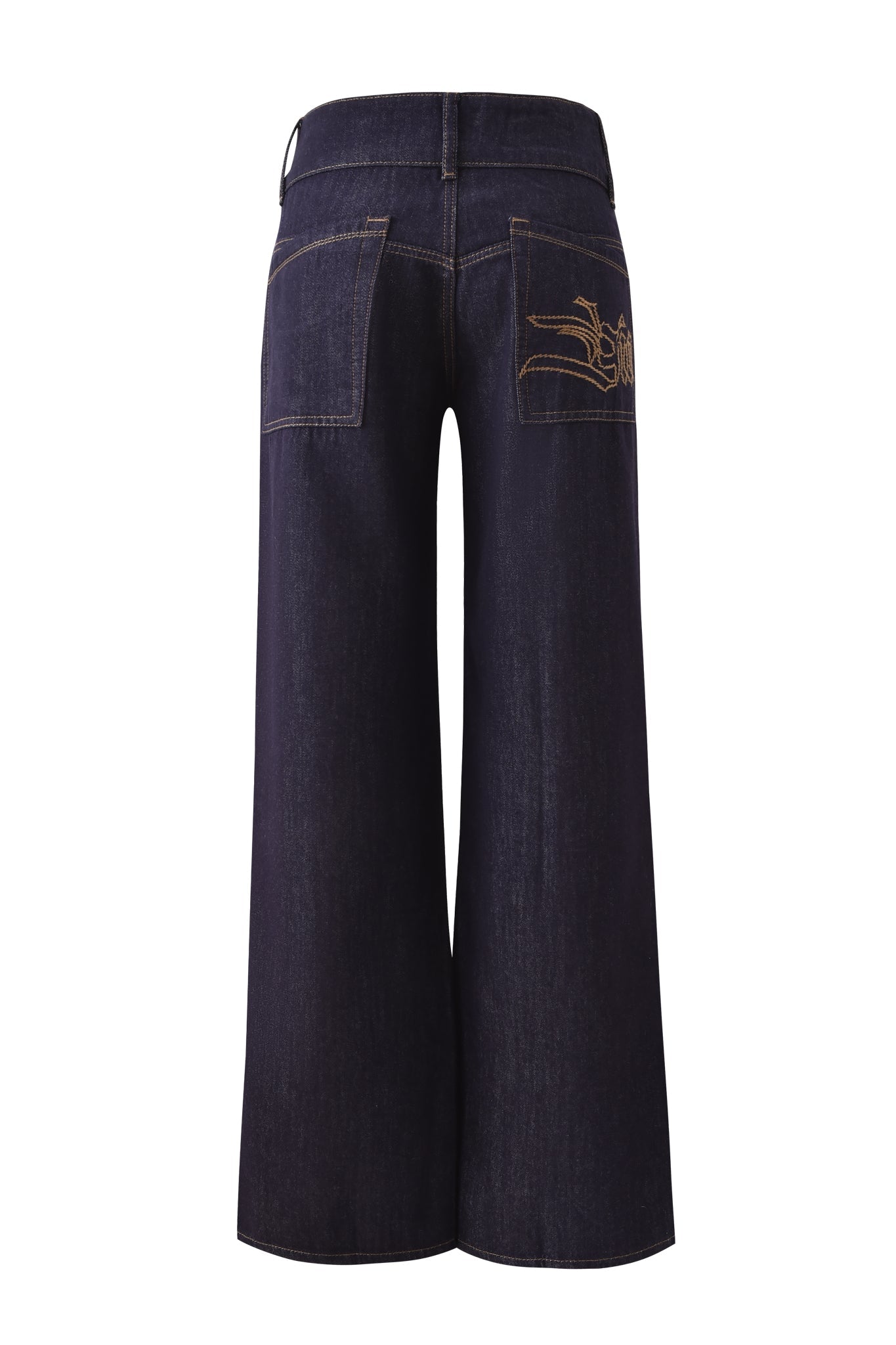 Back view of I.AM.GIA MOXIE JEAN - INDIGO: low-rise, dark blue wash denim with a wide waistband, yellow stitching, two large back pockets, and decorative stitching on the right pocket, shown against a white background.