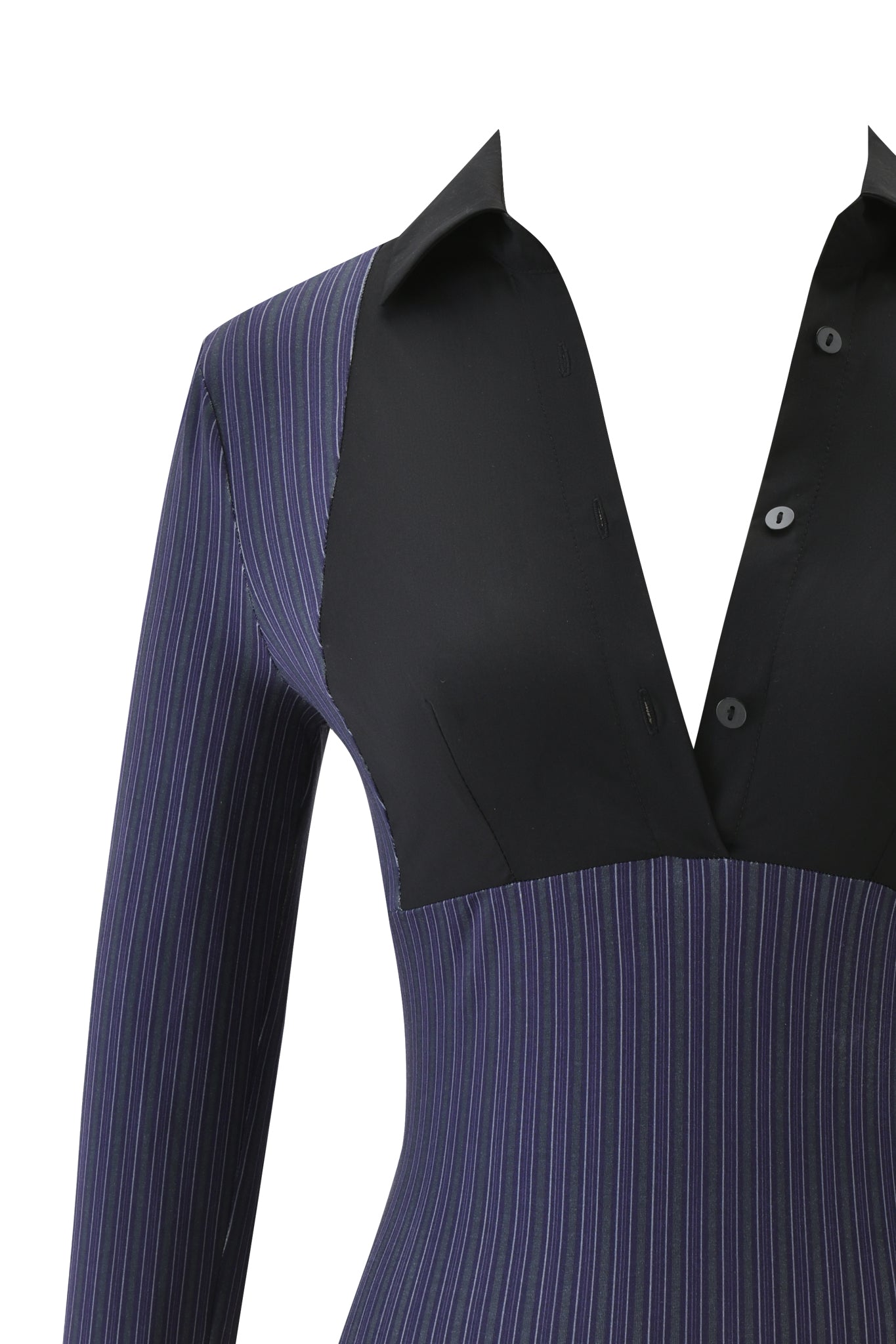 A close-up of the I.AM.GIA SHARAH TOP - BLUE PINSTRIPE, a long-sleeved top with vertical blue pinstripes and a contrasting black collar and chest panel with buttons, displayed on a mannequin.