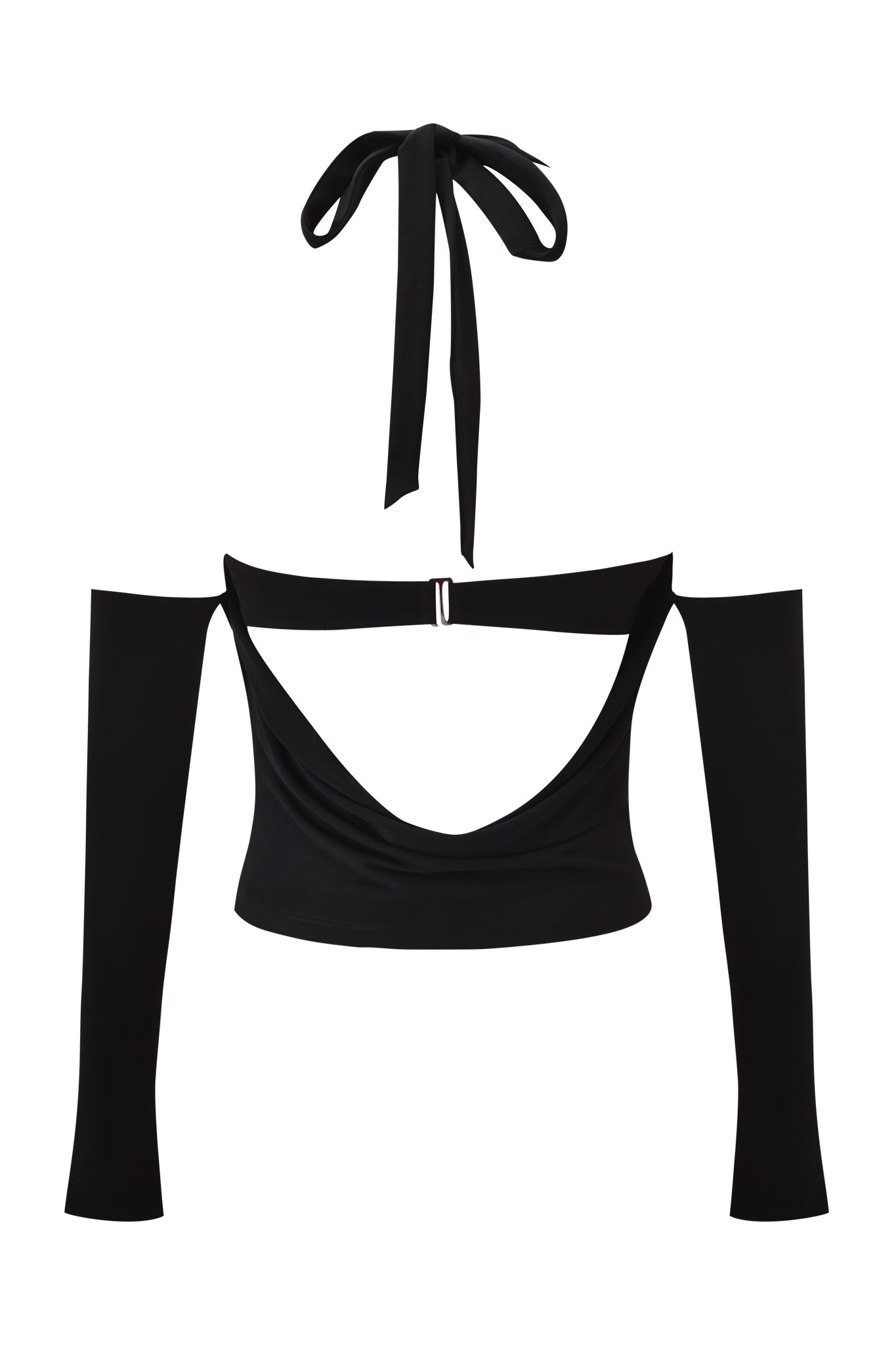 The DREW 3 PIECE TOP - BLACK by I.AM.GIA is a slinky, off-the-shoulder crop with long fitted sleeves, a deep neckline, a halter neck tie fastening at the back, and a back strap secured by a small clasp.