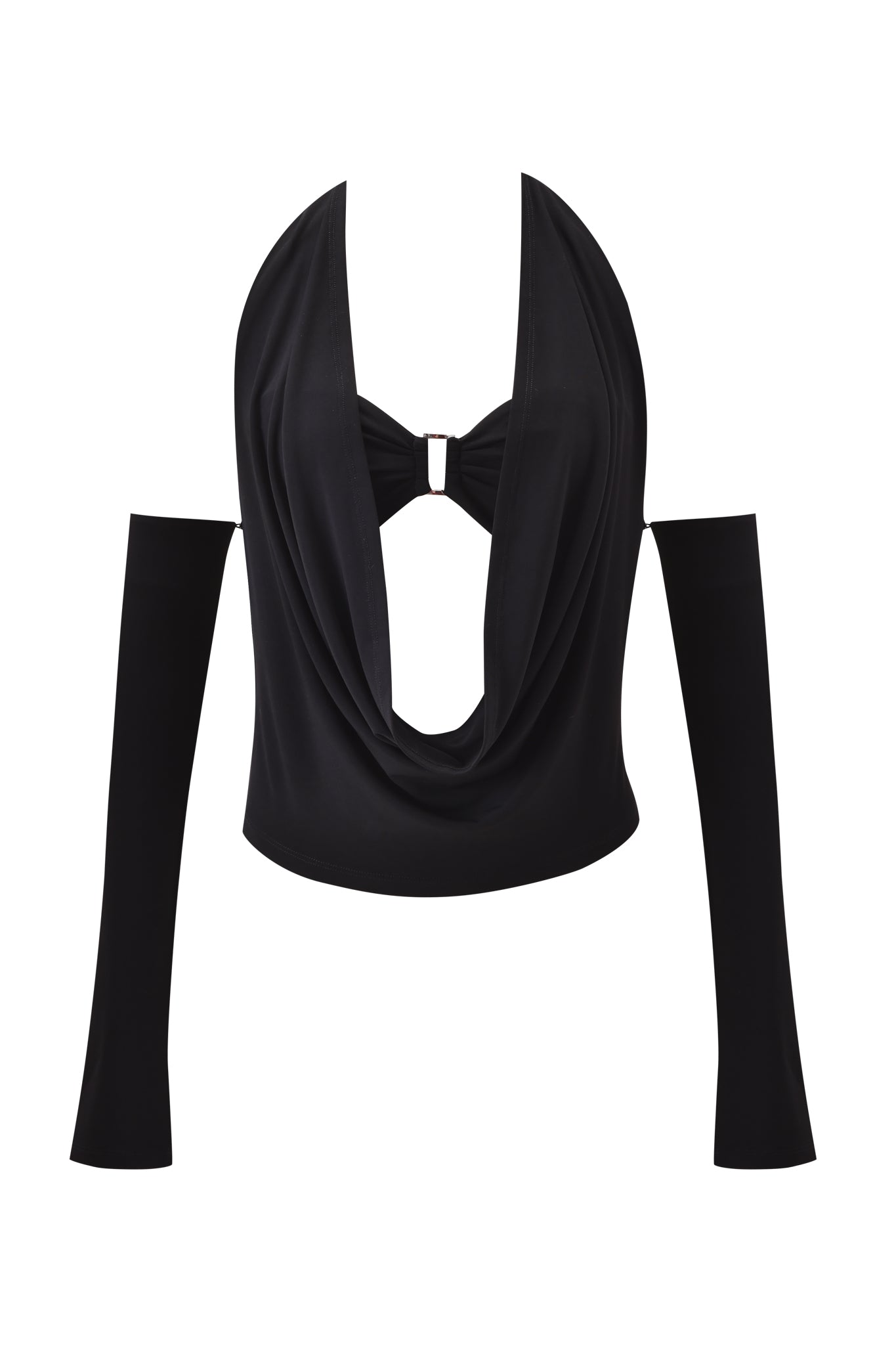 The I.AM.GIA DREW 3 PIECE TOP - BLACK is a slinky halter top with a deep cowl neckline, open shoulders, long detachable sleeves, and a small rectangular metal detail at the bust for subtle edge.