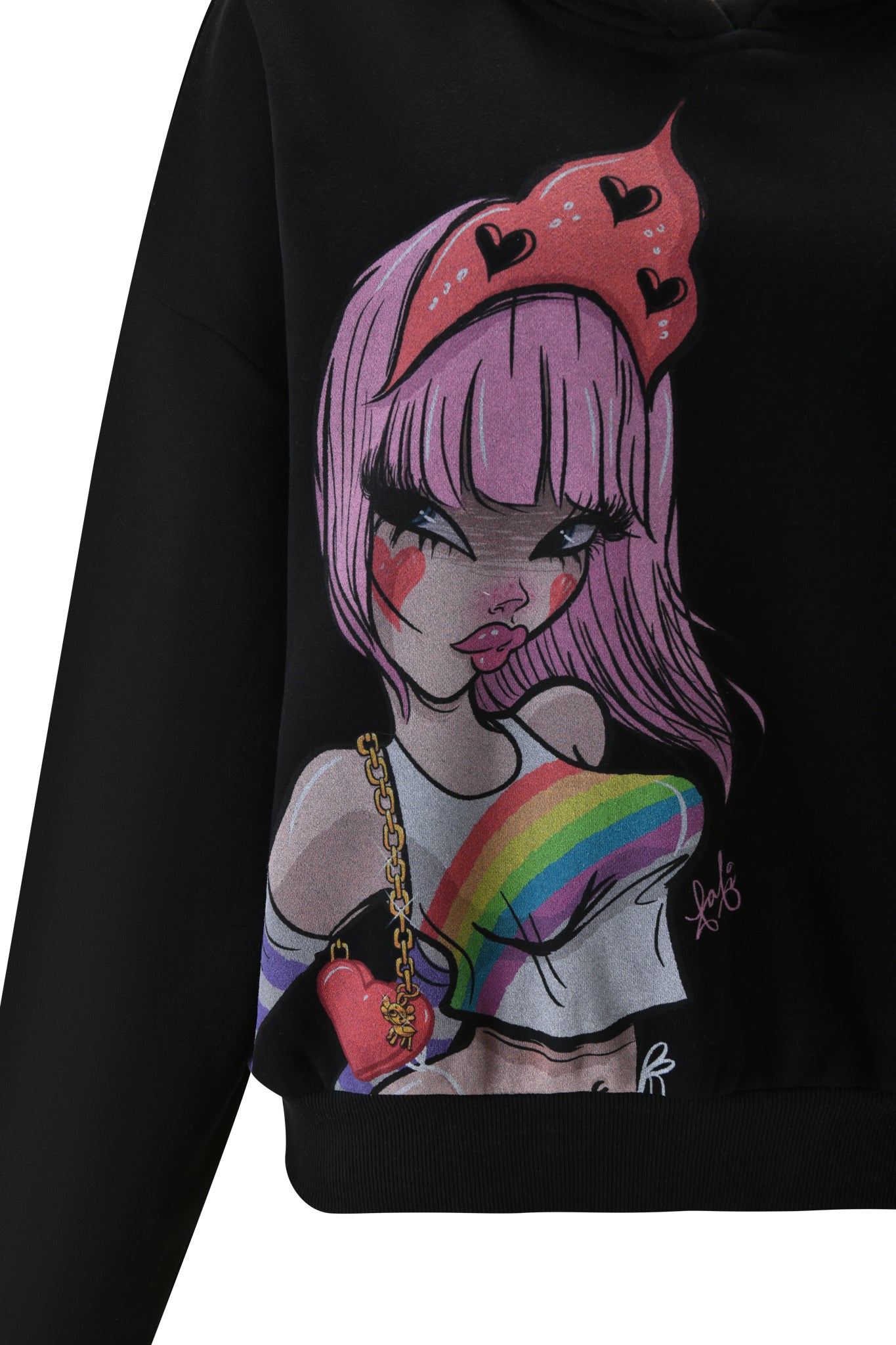 The FAFI HOODIE - BLACK by I.AM.GIA features a colorful cartoon girl with pink hair, heart-shaped hairband, rainbow top, and heart cheek tattoo, winking and holding a gold chain purse—perfect for Fafinettes style fans.
