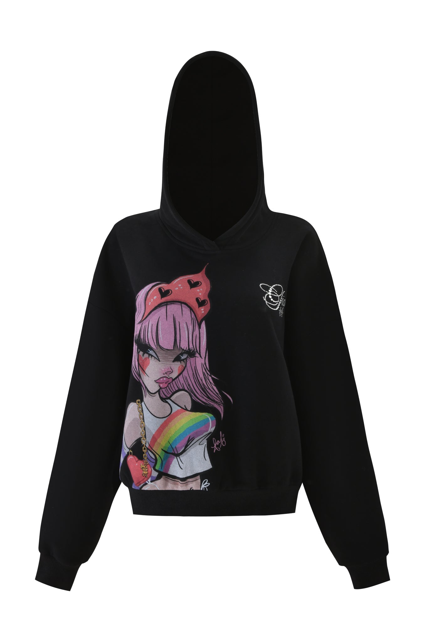 The FAFI HOODIE - BLACK by I.AM.GIA features an oversized fit and a colorful Fafinettes graphic of a girl with pink hair, a red headband, and a rainbow on her arm.