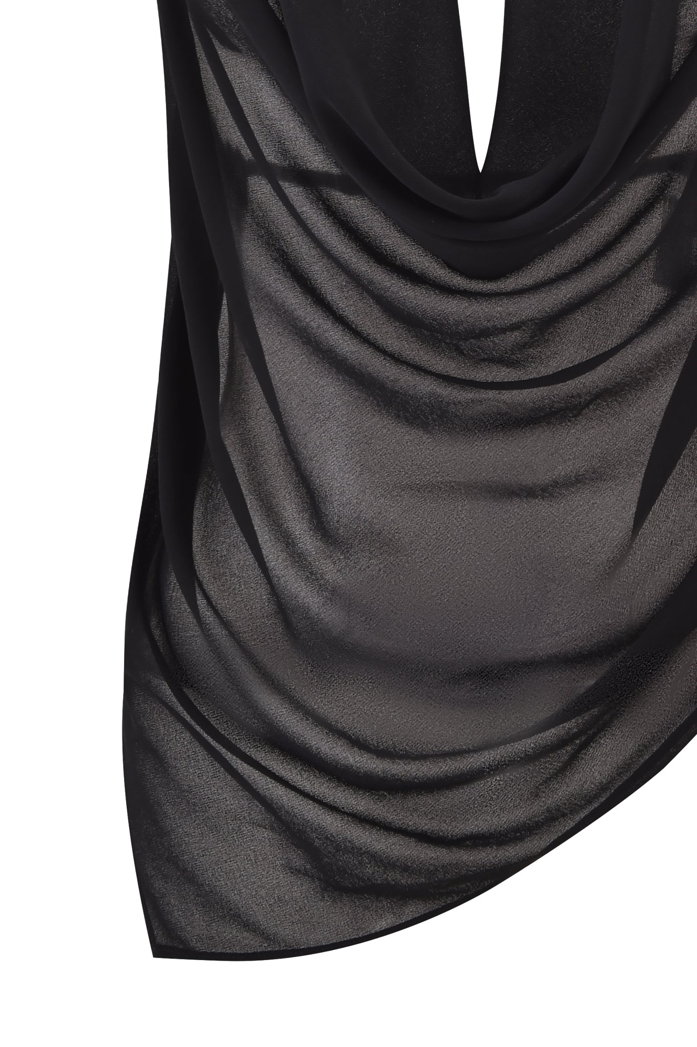 A close-up of the sheer black fabric from the GRAYSON TOP - BLACK by I.AM.GIA, showcasing its draped, flowing design and subtle folds against a white background.