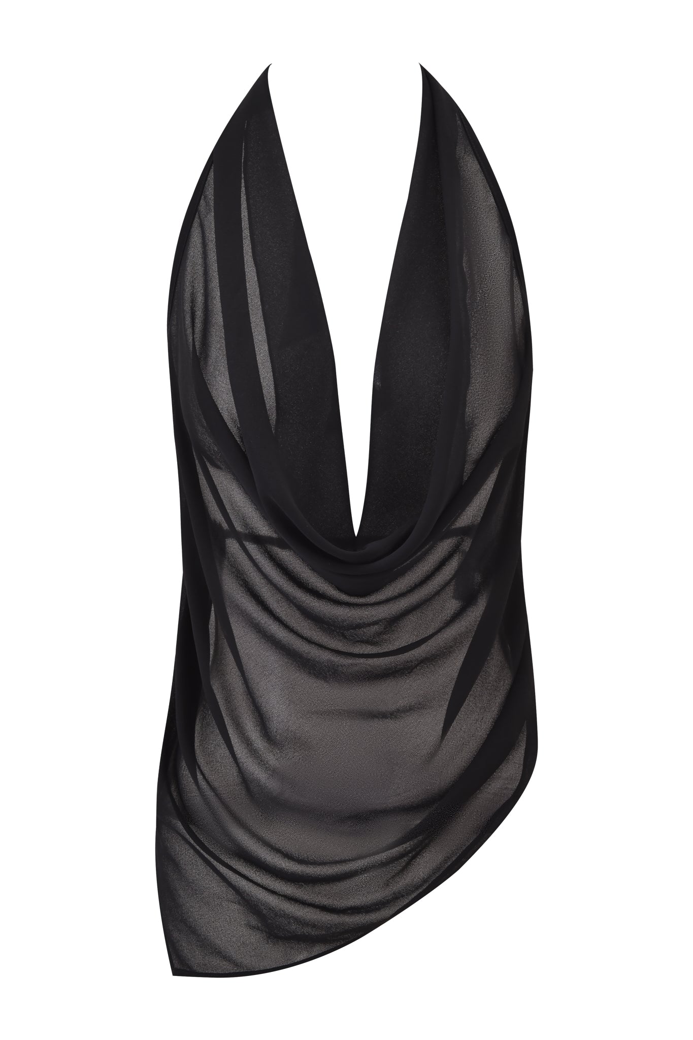 The I.AM.GIA GRAYSON TOP - BLACK is a sheer black georgette top with a deep cowl neckline, asymmetrical hem, and backless design. Lightweight and slightly see-through, it's shown on a white background for a chic look.