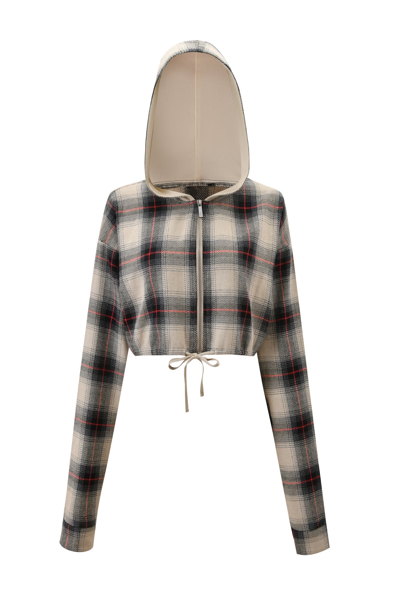 The TIFF JACKET - GREY PLAID by I.AM.GIA is a cropped jacket with a black, white, and gray plaid pattern, front zipper, drawstring waist, long sleeves, and a lightweight design featuring a solid beige hood interior.