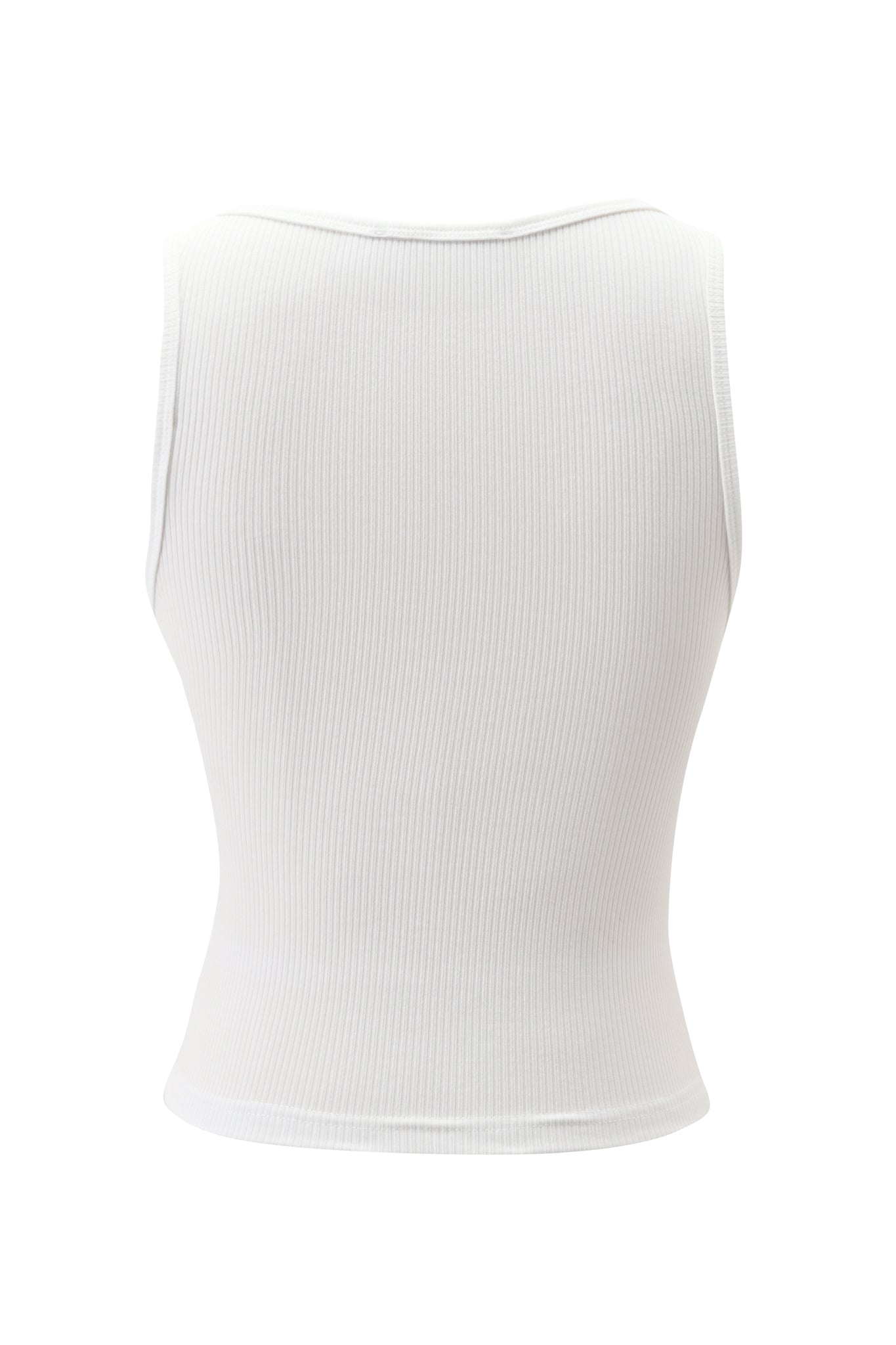 The I.AM.GIA X VON DUTCH VOLTI TOP in white is a sleeveless rib knit tank with a round neckline and fitted silhouette, shown from the back against a plain white background.