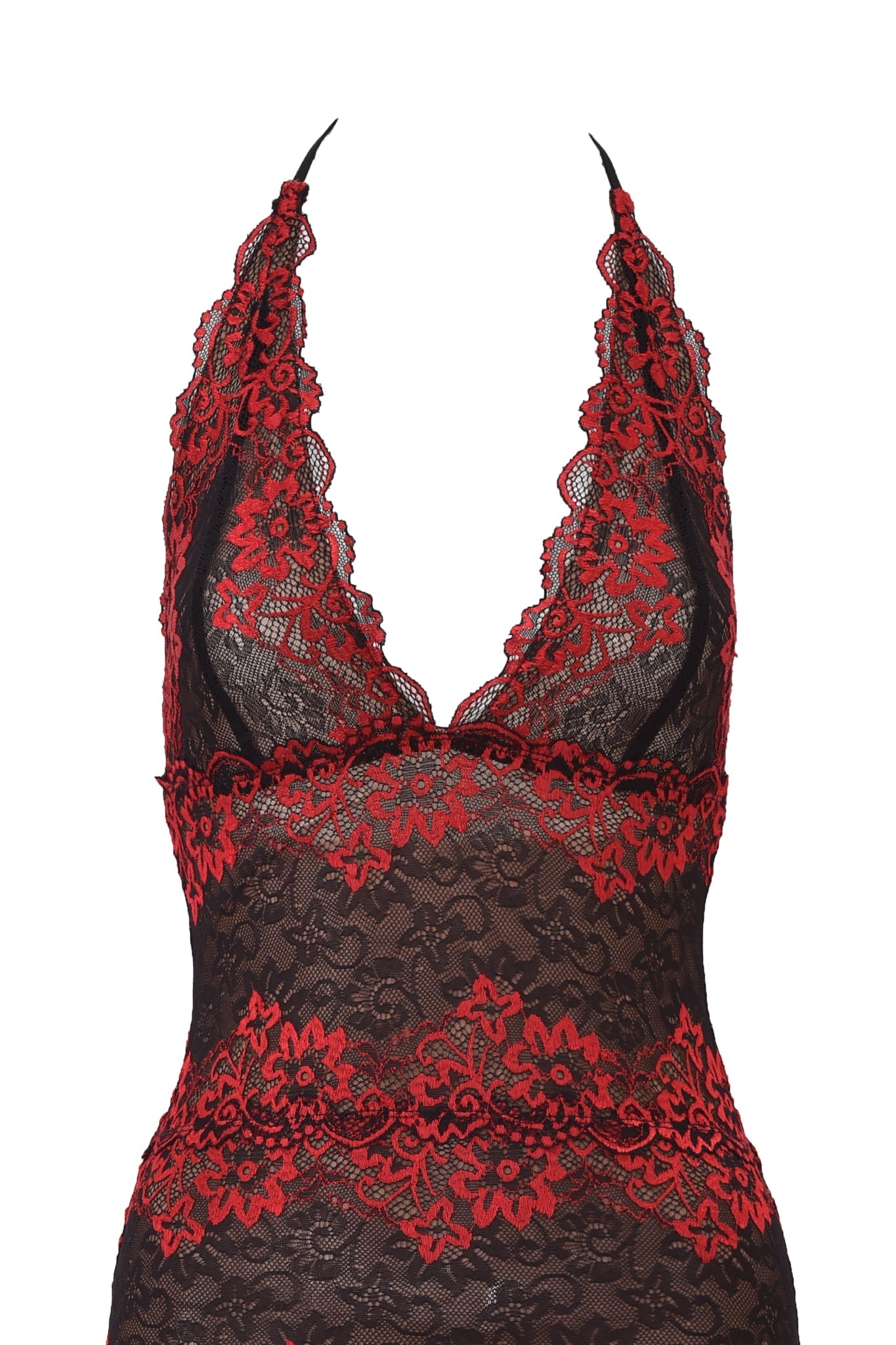 A close-up of the I.AM.GIA GEM MINI DRESS in black and red lace, featuring a halter neck, deep plunging neckline, and intricate floral embroidery for a bold, elegant look.