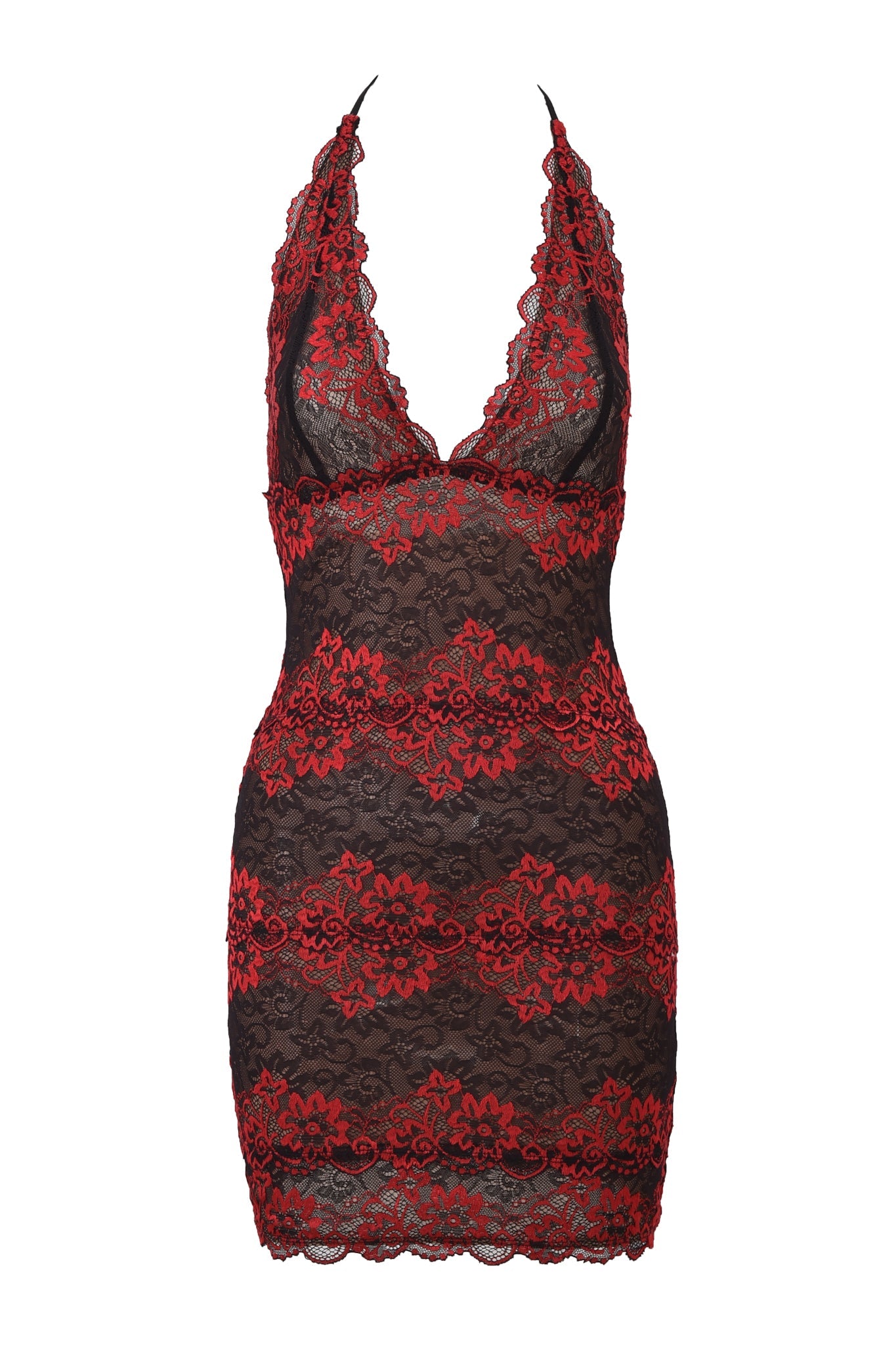 The I.AM.GIA GEM MINI DRESS features a sleeveless, halter-neck design in black and red lace. With a plunging neckline, scalloped edges, and bodycon sheer fit, this mini dress offers an alluring and bold look.