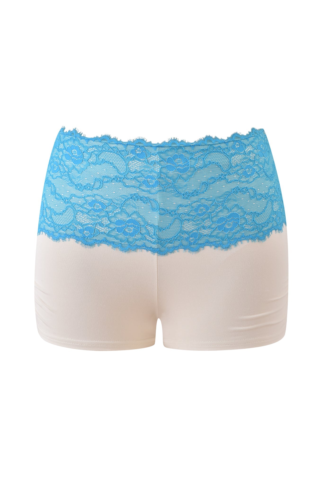 The I.AM.GIA ADELLA SHORT - BLUE features a beige bottom with a blue lace waistband, micro mini length, soft stretchy fabric for comfort, and scalloped edges for a delicate finish.