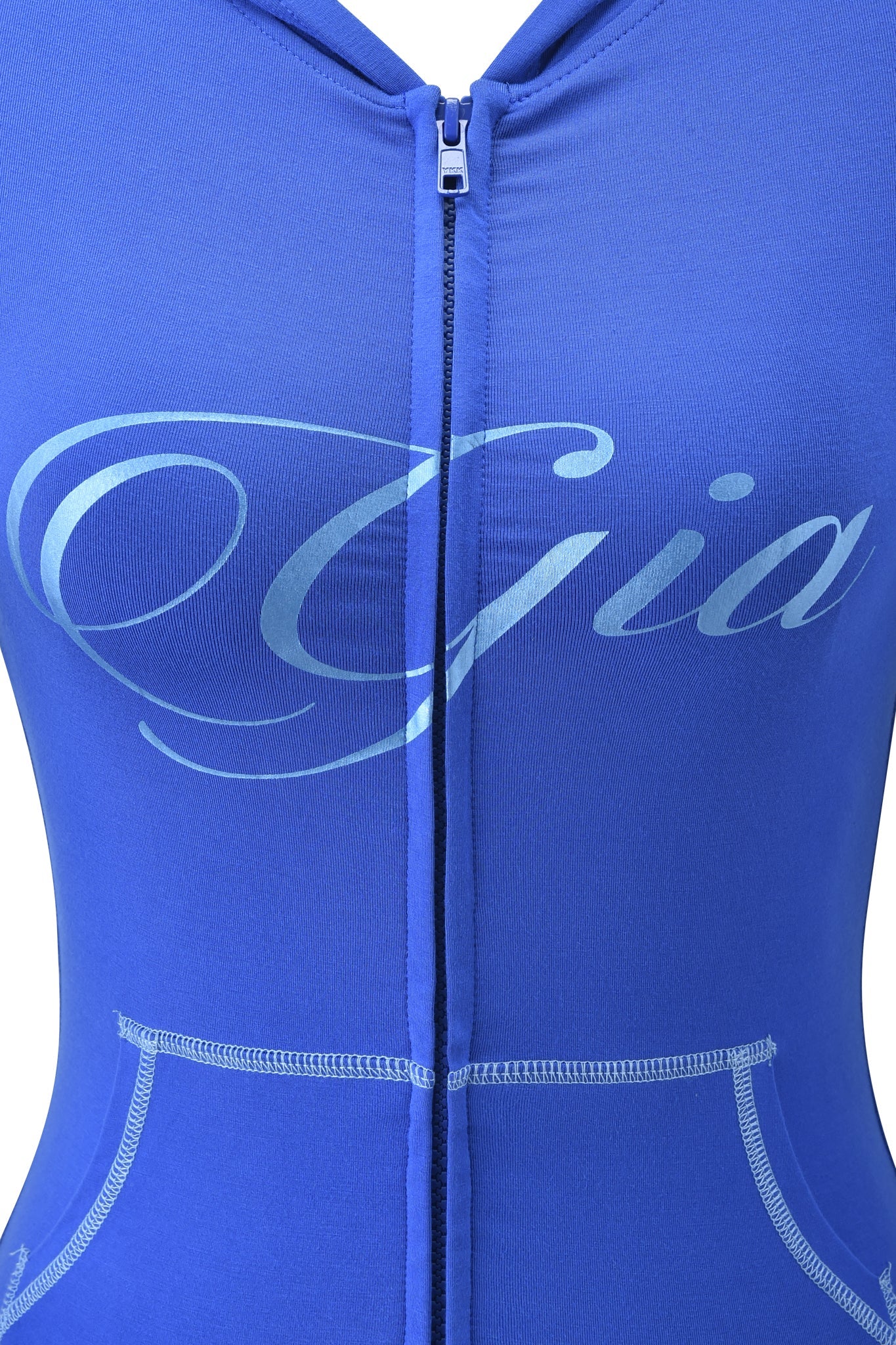 Close-up of the I.AM.GIA BLARE FORM POCKET HOODIE - COBALT FOIL, a cobalt blue zip-up with white stitching and "Gia" in large script across the chest.