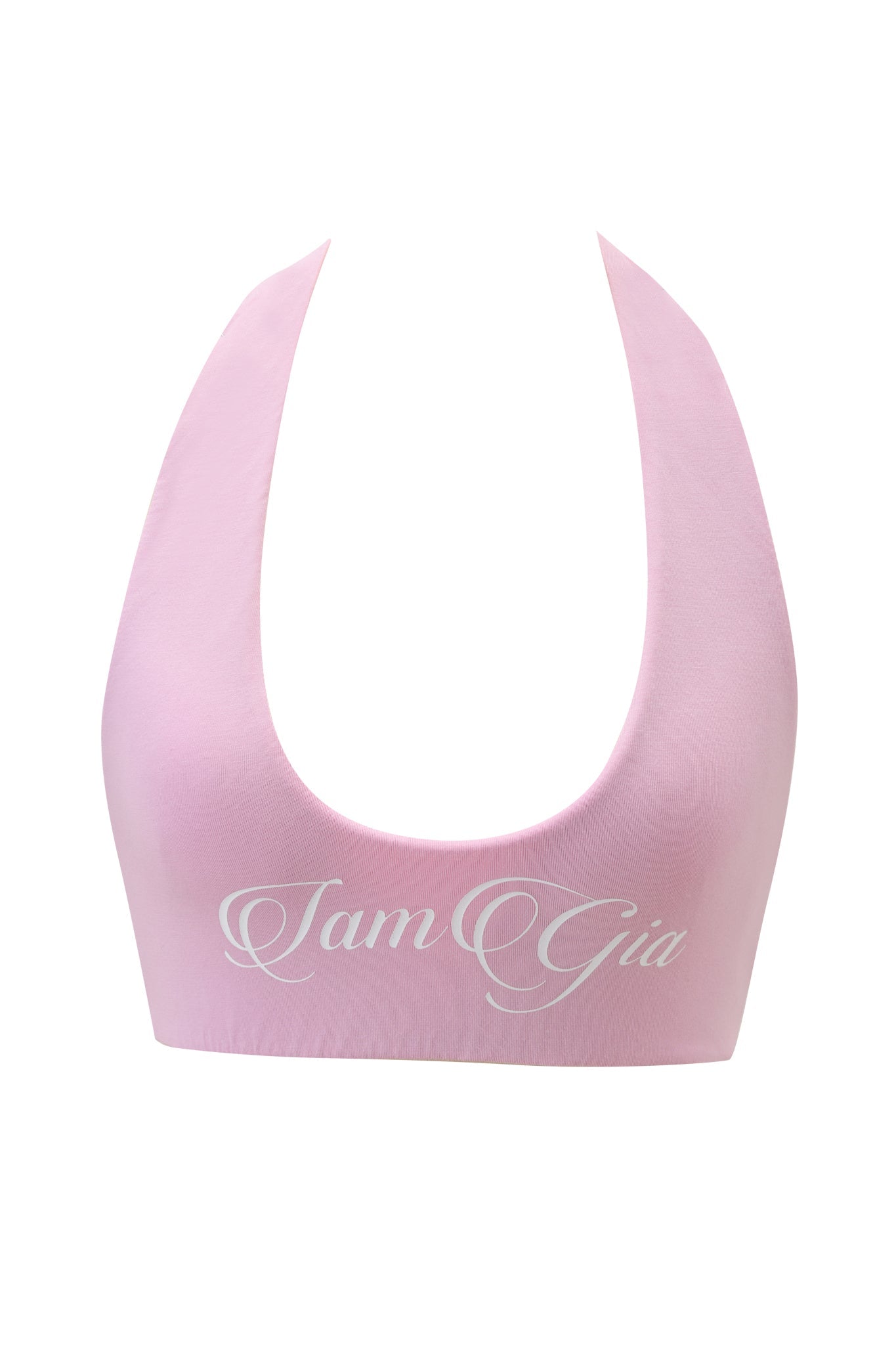 The BLARE HALTER CROP TOP by I.AM.GIA is a baby pink and white halter-style crop top with a deep scoop neckline and "IamGia" in white cursive on the front.