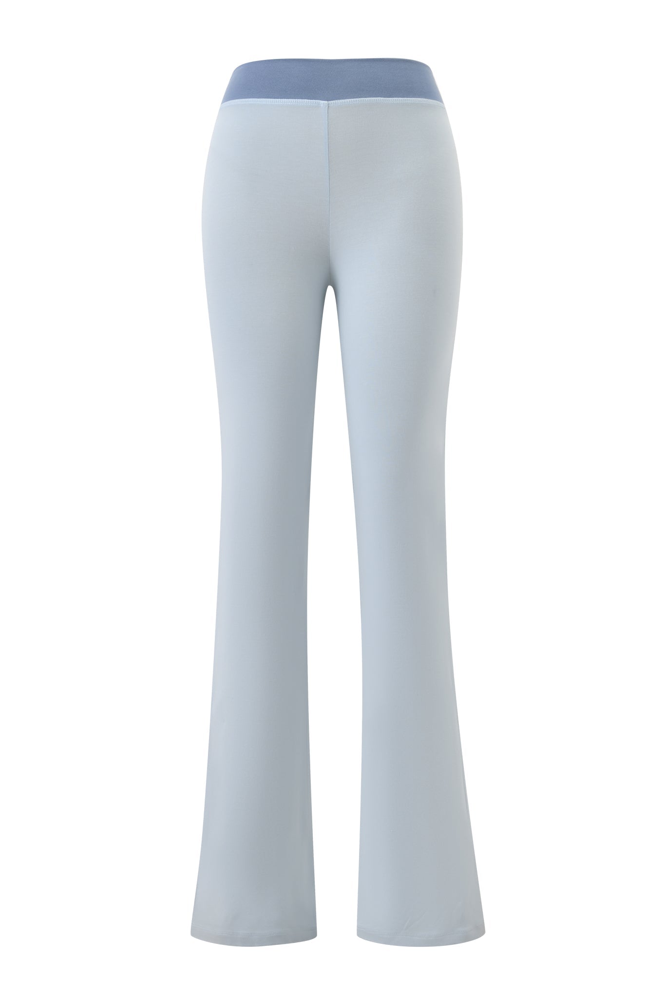 The BLARE LOWER RISE TRACKPANT - TWO TONE POWDER BLUE by I.AM.GIA features a light blue design with a darker blue waistband, shown from the back on a plain white background.