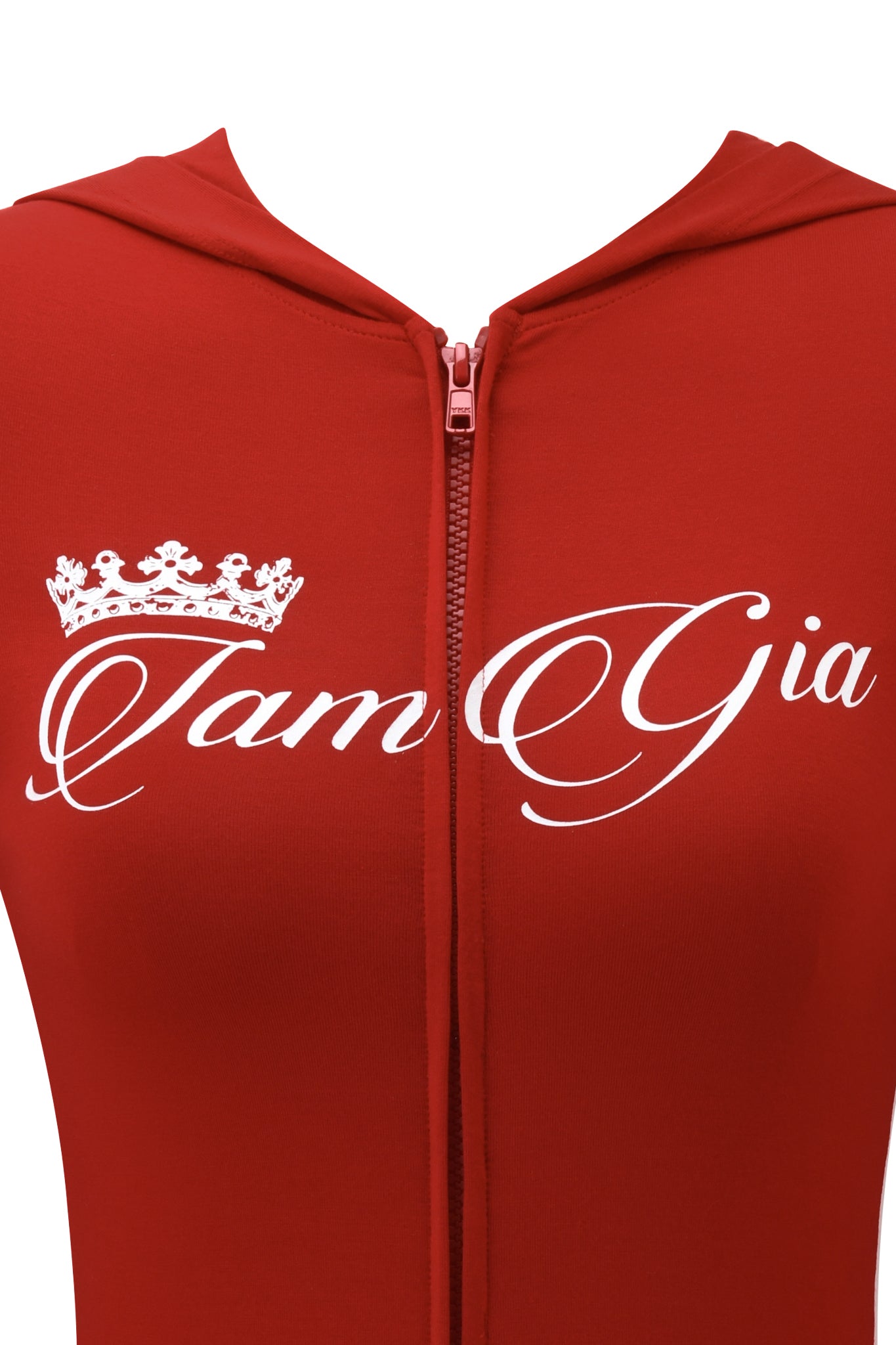 The BLARE PANELLED HOODIE - RED by I.AM.GIA is a sporty red zip-up hoodie with white text.