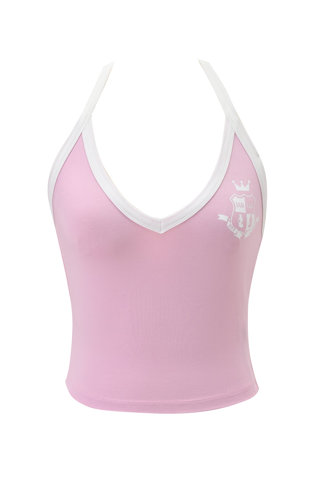 The I.AM.GIA BLARE V-NECK TANK in baby pink and white is a sleeveless viscose top with white trim, a flattering V-neck, and a small white crown crest logo on the left chest.