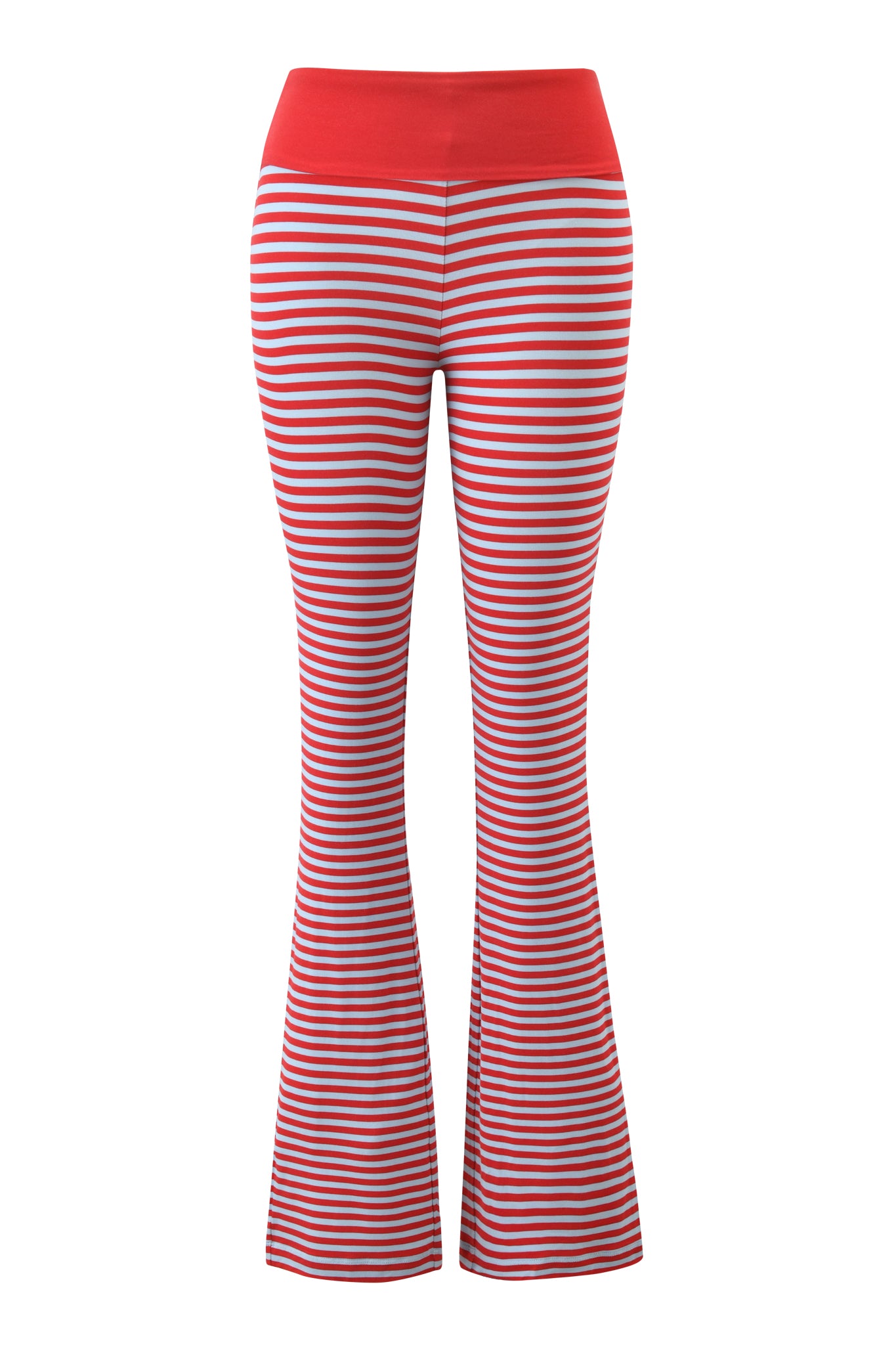 The BLARE FOLDOVER TRACKPANT by I.AM.GIA features red and blue horizontal stripes, a solid red waistband, and is crafted from buttery-soft viscose fabric, shown on a white background.