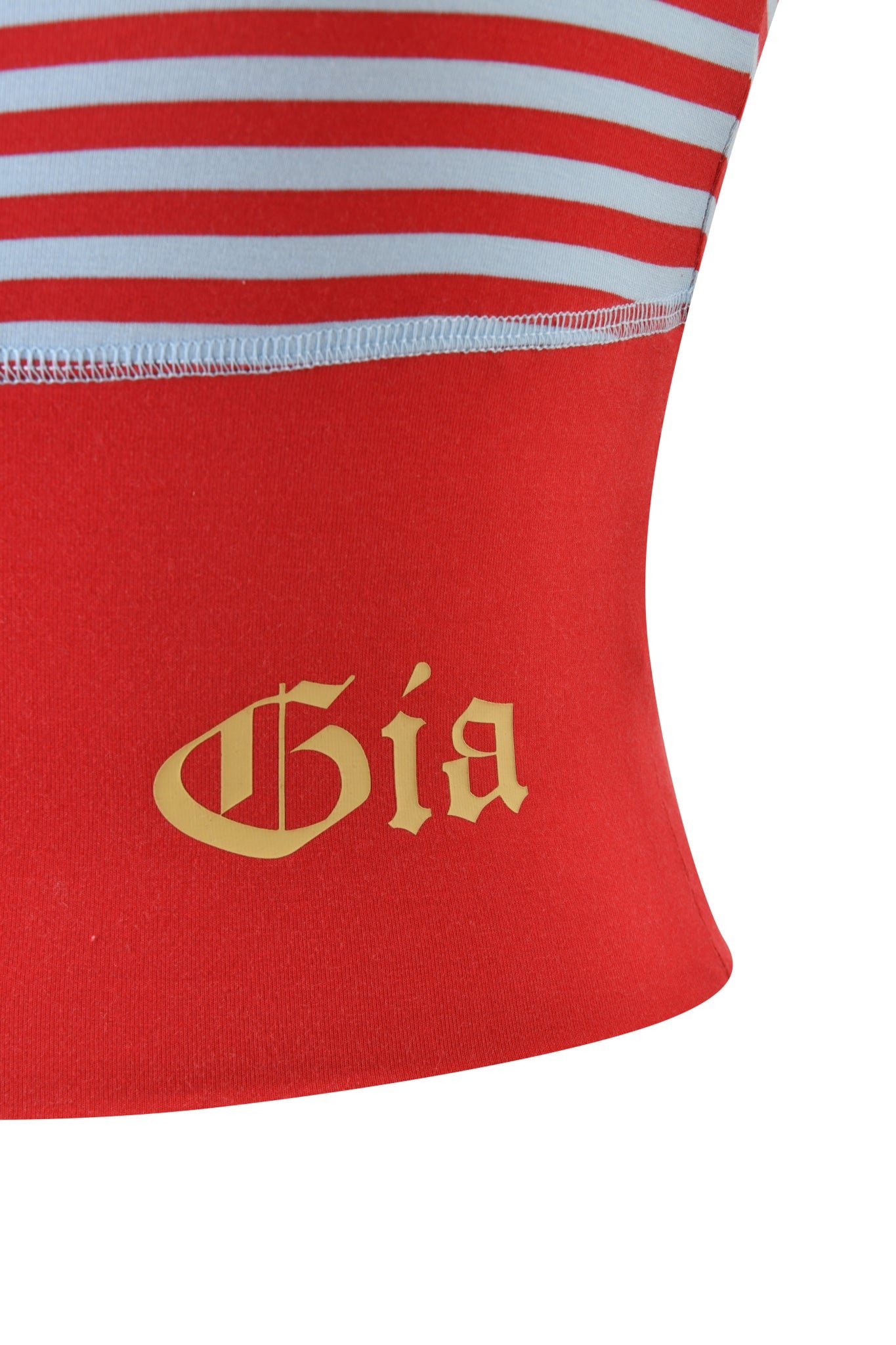 Close-up of the BLARE ZIP BOOB TUBE by I.AM.GIA, featuring red and blue horizontal stripes with "Gia" in gold Gothic-style lettering on a solid red section.