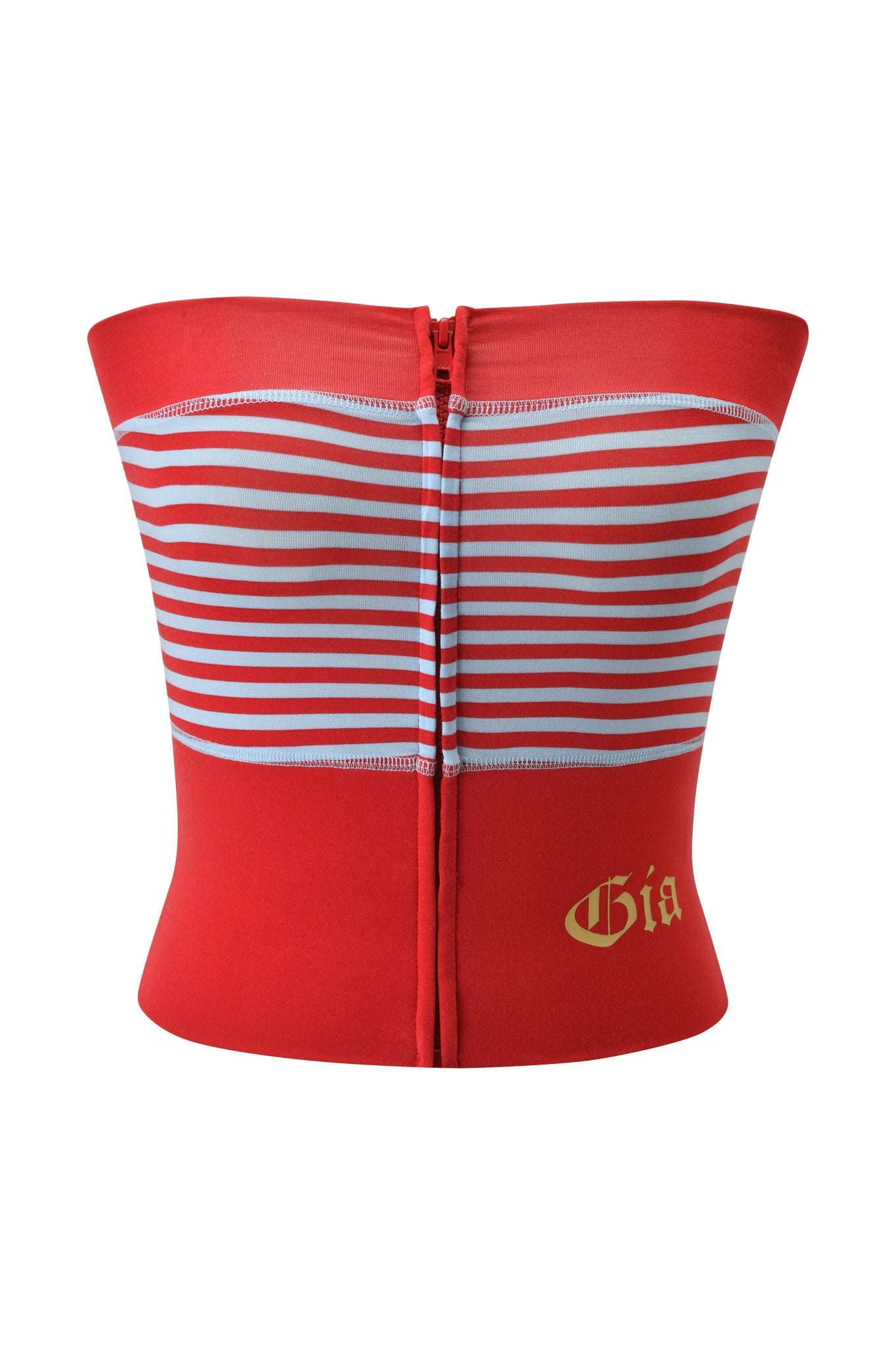 The BLARE ZIP BOOB TUBE by I.AM.GIA features a bodycon fit, red and blue horizontal stripes, a center zipper closure, and the I.AM.GIA logo in gold at the bottom right.