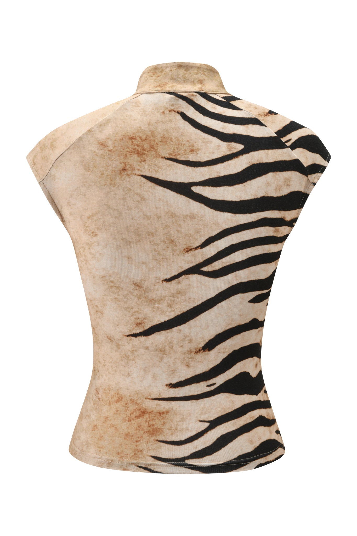 The I.AM.GIA GEORGIA TOP - WILD SIDE is a sleeveless, bodycon fit top with a high collar and bold black zebra-like stripes on beige and brown, shown from the back.