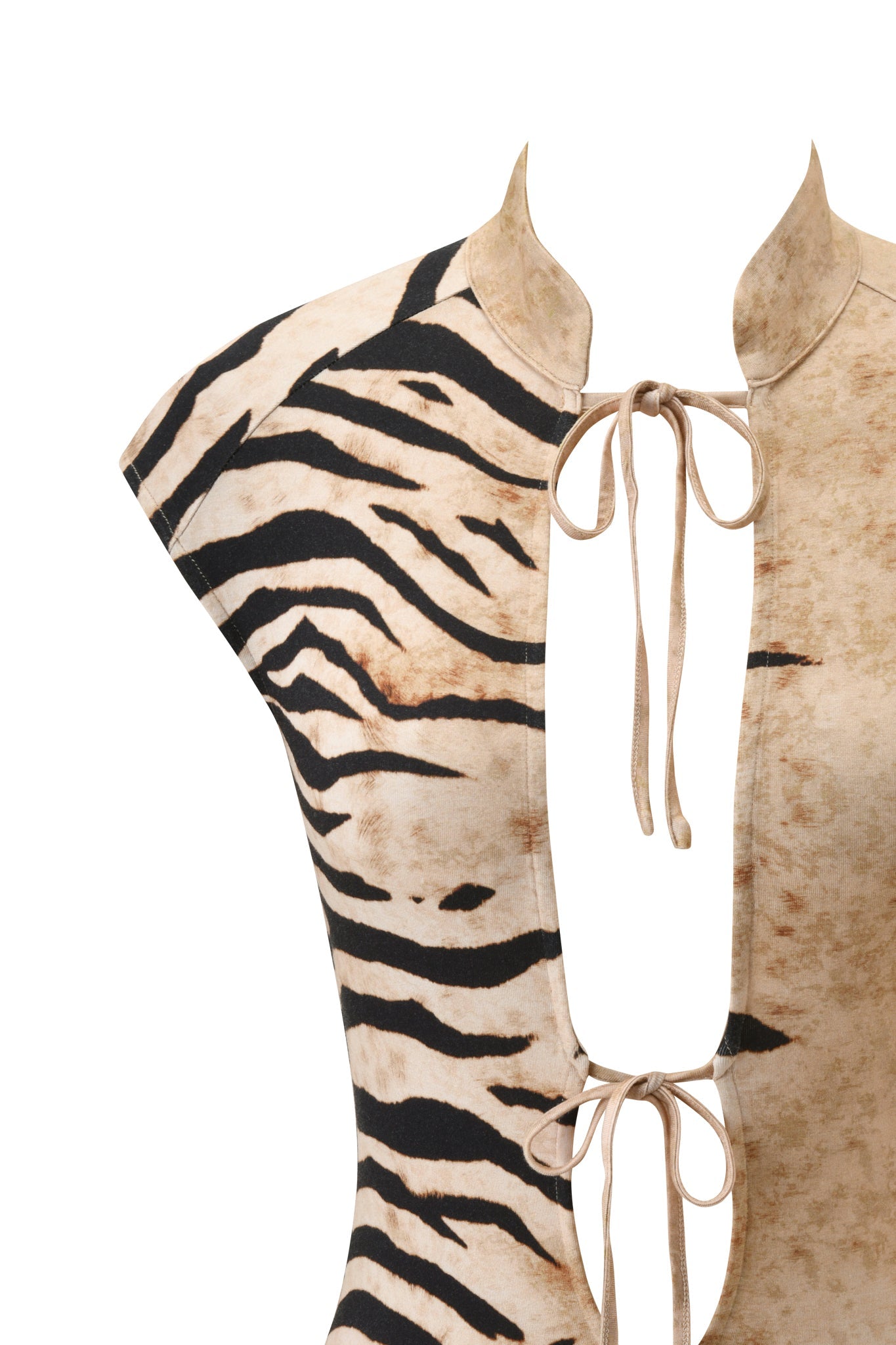 Close-up of the GEORGIA TOP - WILD SIDE by I.AM.GIA, featuring a beige and black tiger stripe print, two front ties at the neckline and waist, a deep plunging cutout, and a bodycon fit that highlights your shape.