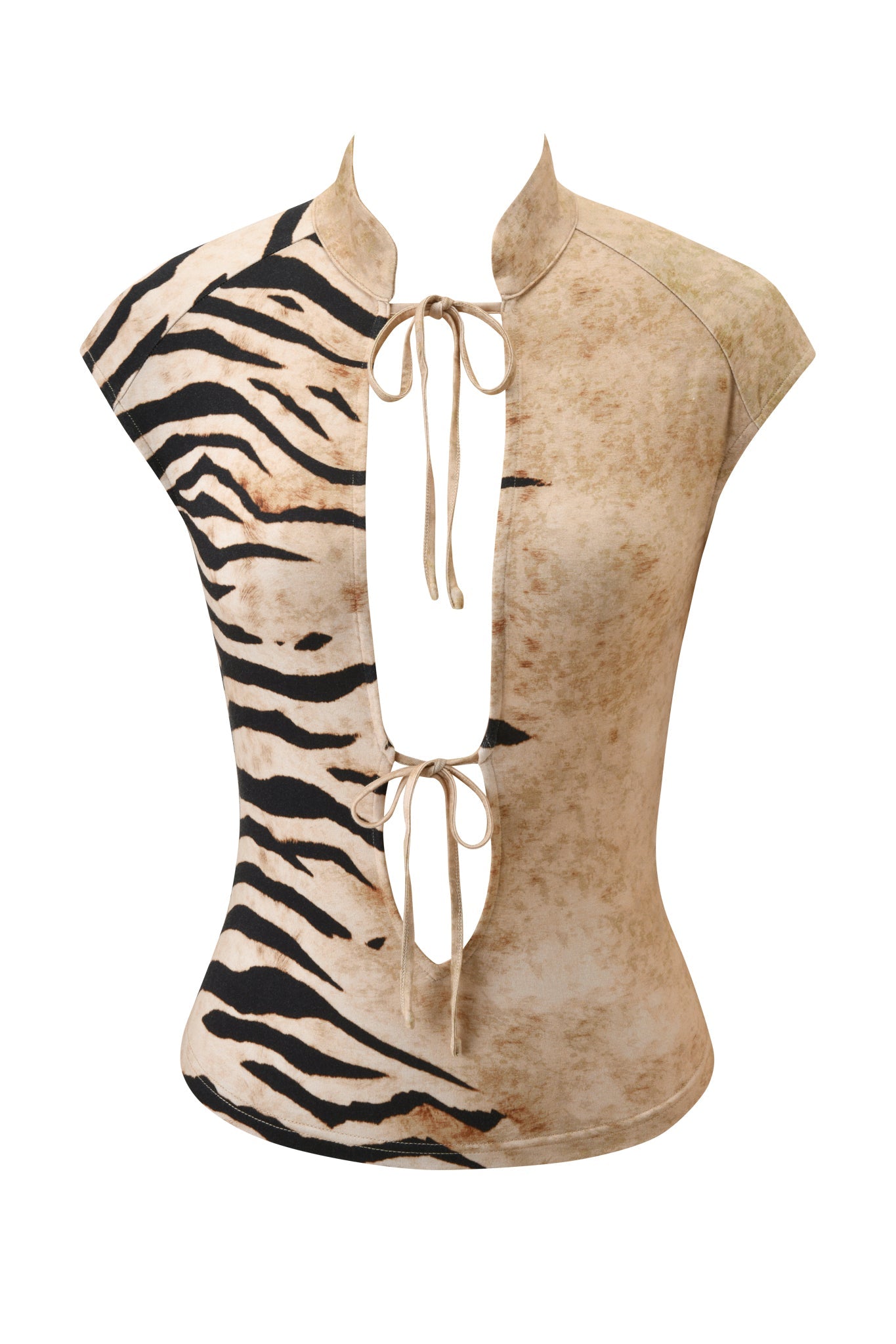 The GEORGIA TOP - WILD SIDE by I.AM.GIA is a sleeveless, bodycon top with tiger stripe print on one side, beige on the other, front ties, a deep V cutout, and a stand collar for a bold statement.