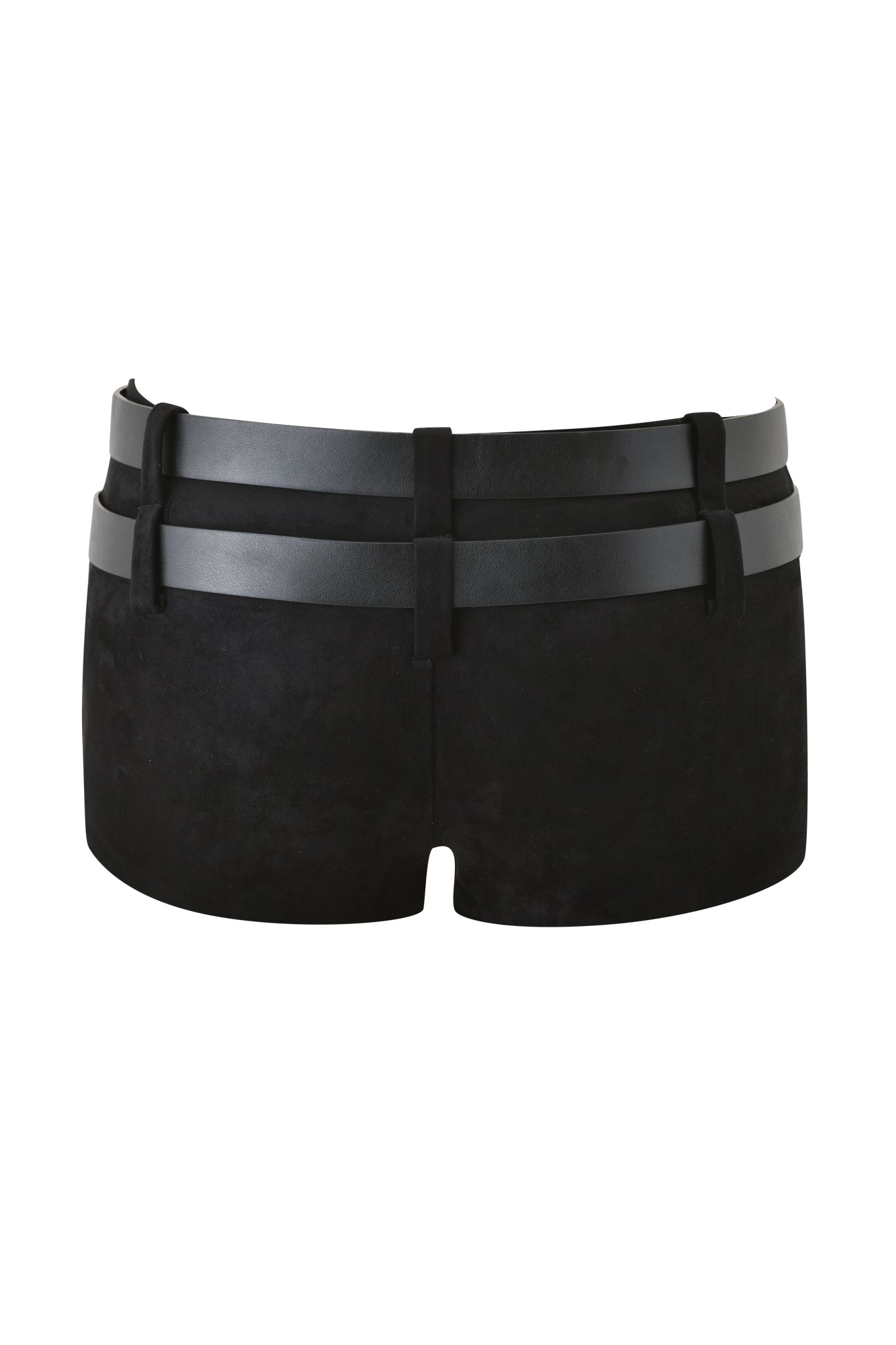 The I.AM.GIA GEORGIA BELTED SHORT in black features a low-rise, bodycon fit with two detachable vegan leather belt straps at the waistband, shown from the back against a white background.