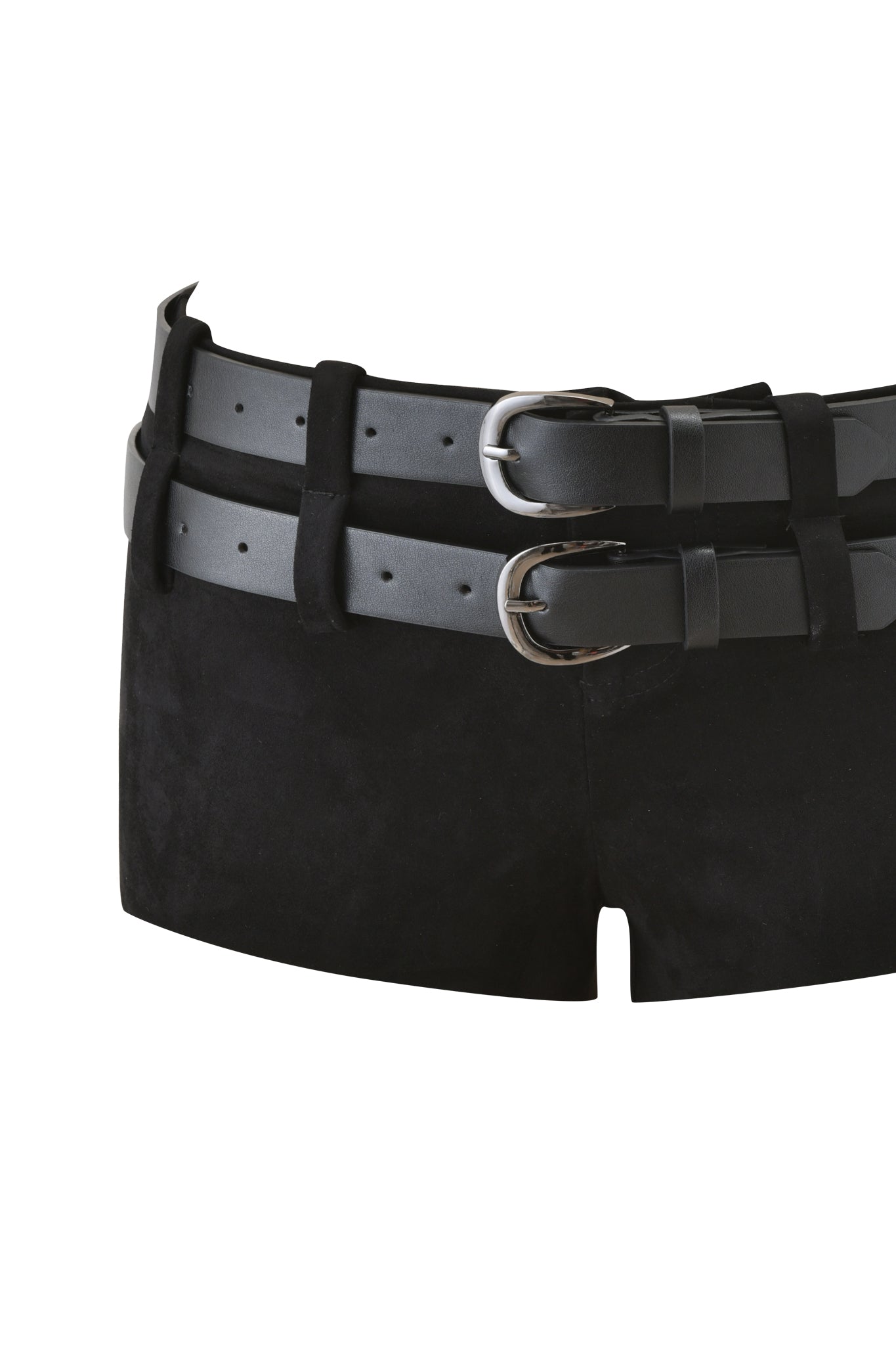 The GEORGIA BELTED SHORT by I.AM.GIA is a black faux suede mini short with a low-rise, bodycon fit, two detachable vegan leather belts with silver buckles at the waist, and a small front slit for an edgy touch.