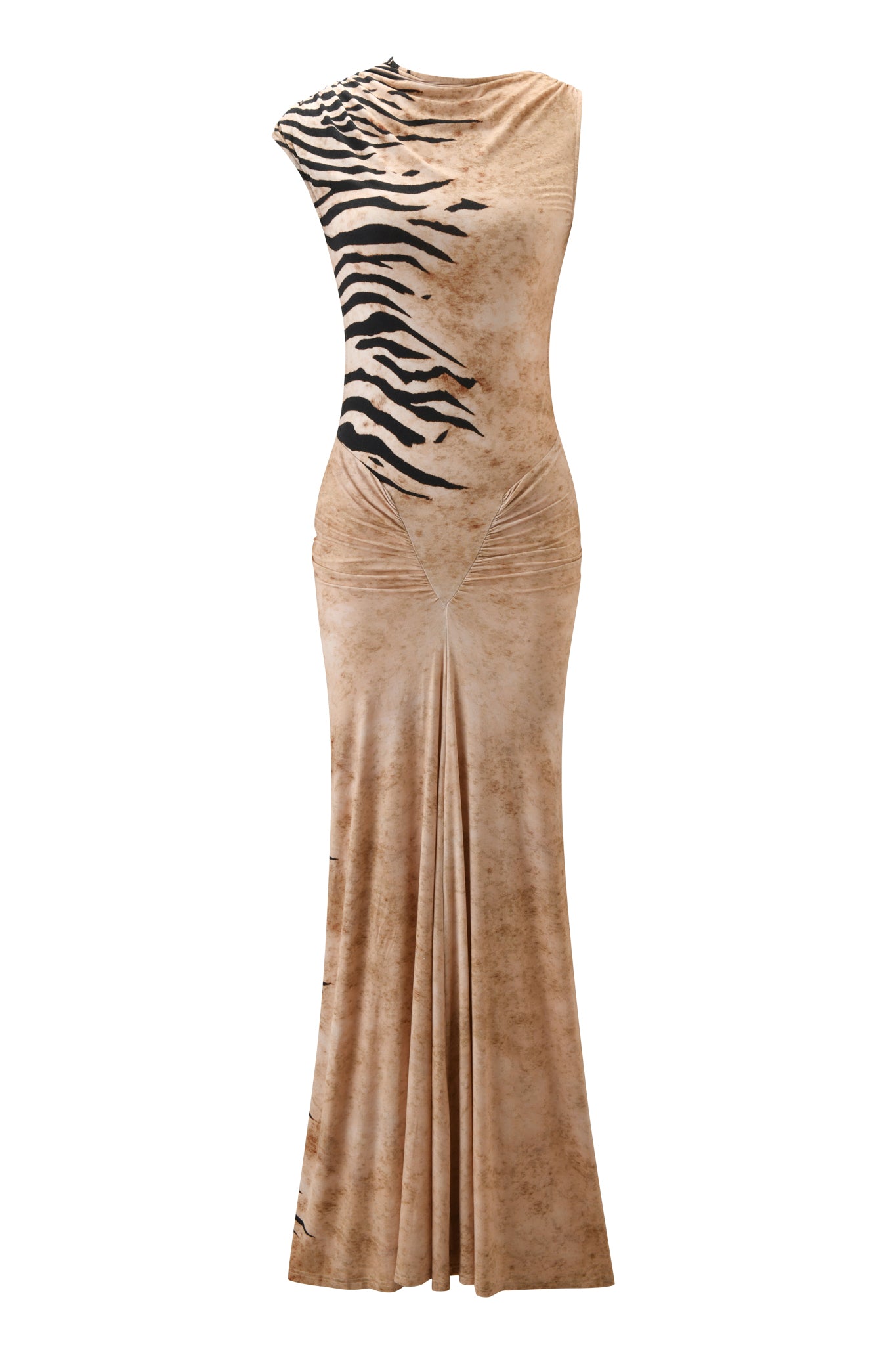 The ELIANA MAXI DRESS - WILD SIDE by I.AM.GIA is a sleeveless, floor-length beige bamboo viscose dress with black and white animal print on the left shoulder and chest, gathered waist, and a slightly flared hem.