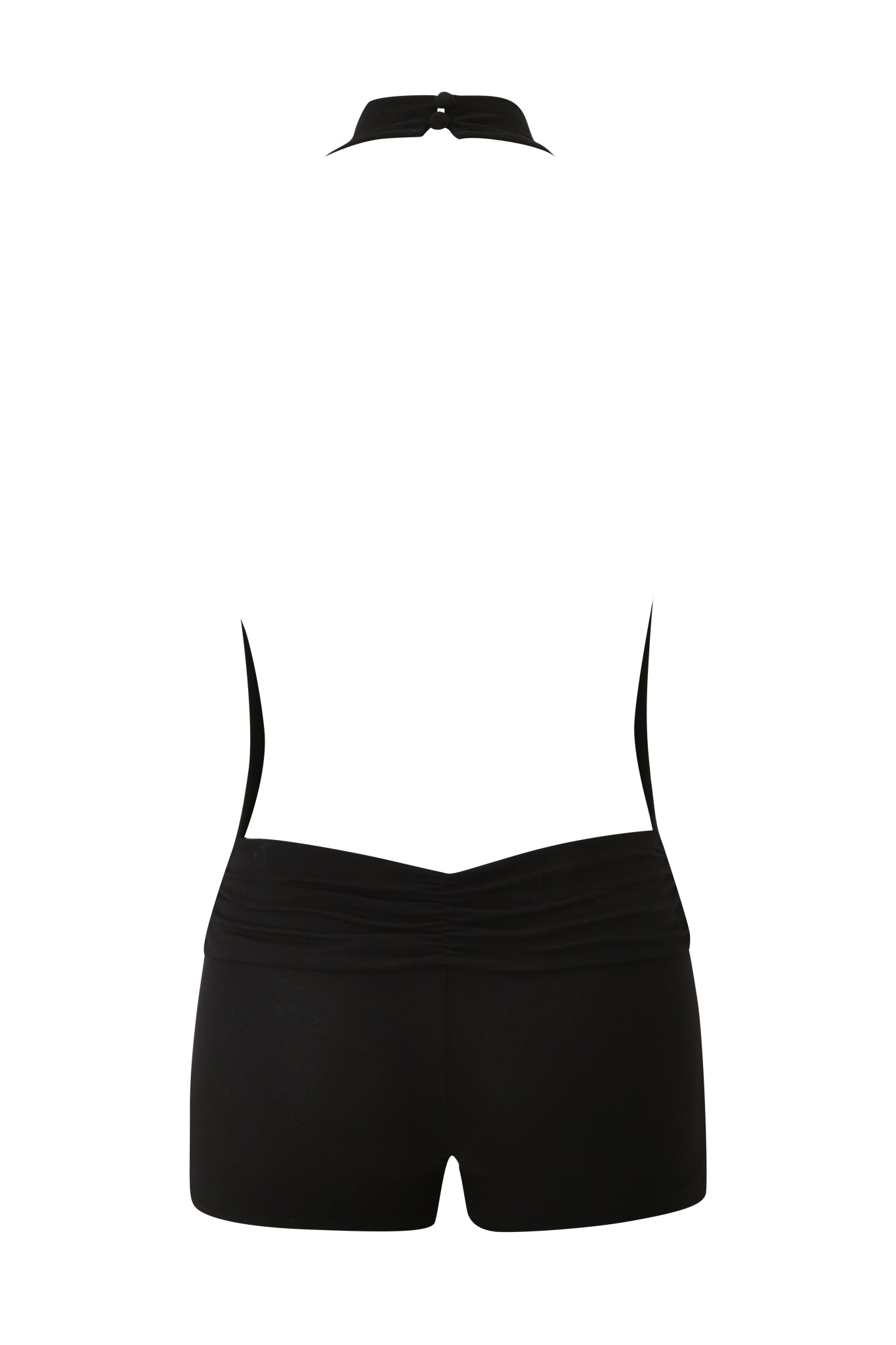 Back view of the I.AM.GIA KAIRA PLAYSUIT in black, featuring a halter neck with a clasp, low back, high-cut leg openings, and ruched waist detailing. Displayed on a white background.
