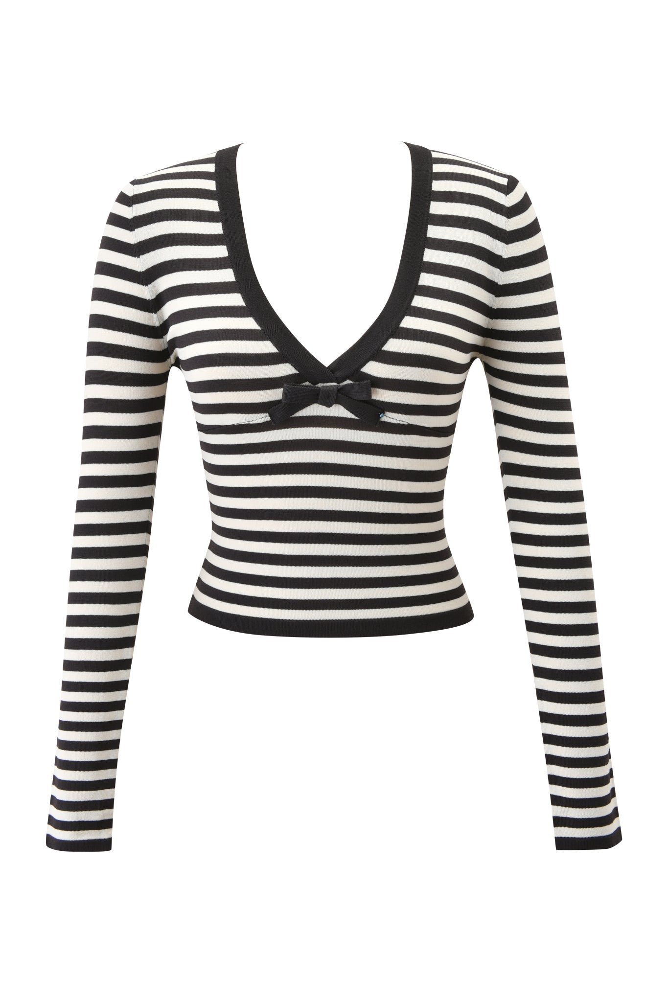 The I.AM.GIA ZINNIA TOP in black and cream features long sleeves, a bodycon fit, striped knit design, deep V-neck with black trim, and a small black bow at the center.