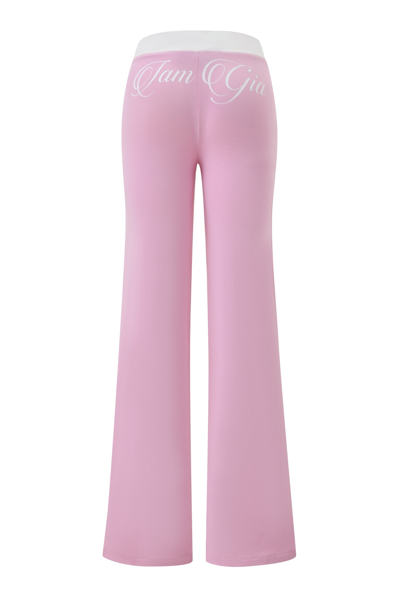 Back view of the BLARE PIPING TRACKPANT in baby pink and white by I.AM.GIA, featuring a white waistband and "IamGia" cursive across the upper back, crafted from buttery-soft viscose for all-day comfort.