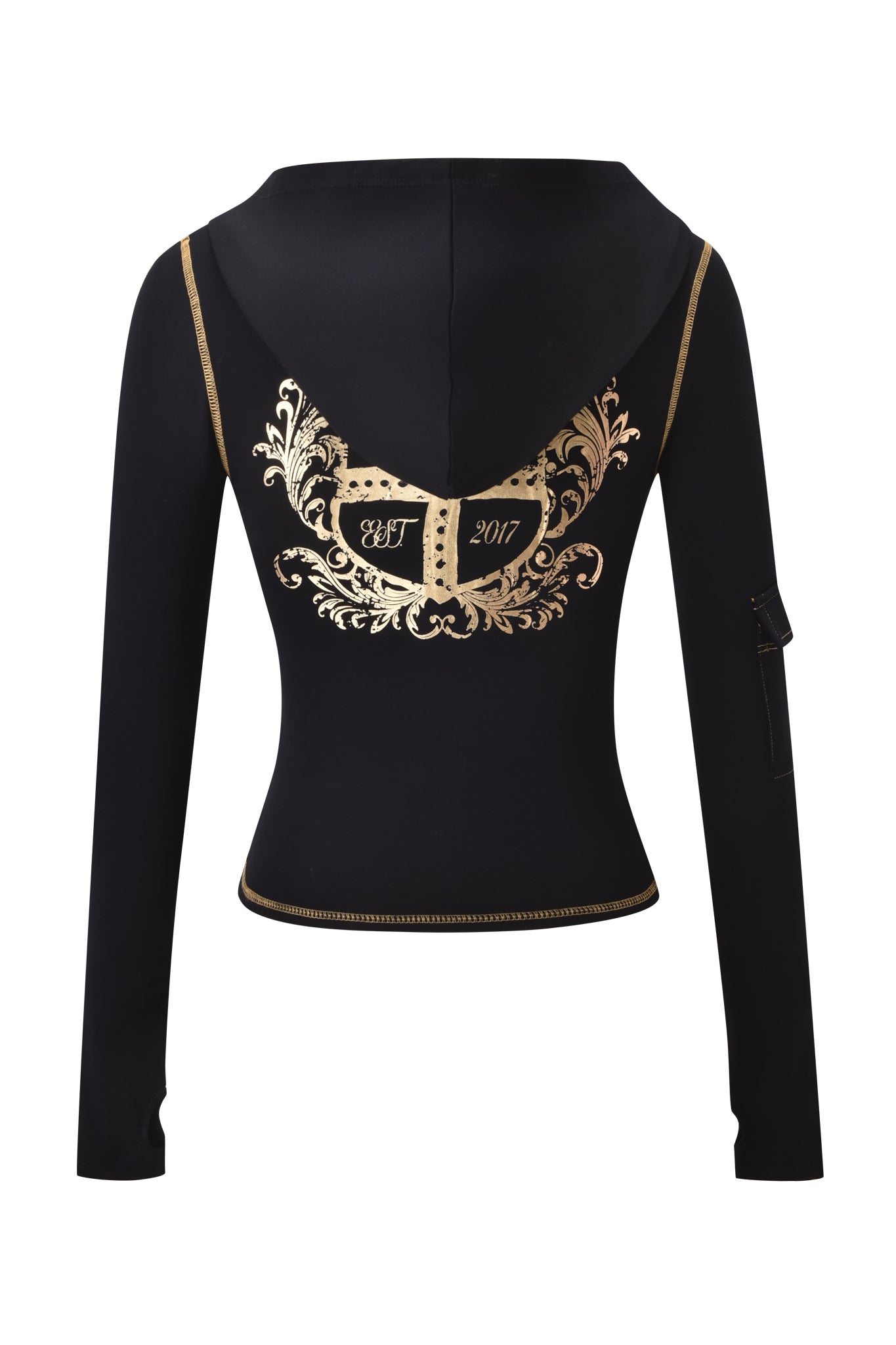 The I.AM.GIA BLARE FORM MULTI POCKET HOODIE in black and gold features a zip-up design, bodycon fit, long sleeves, gold stitching details, multiple pockets, and "UFT 2017" on the back.