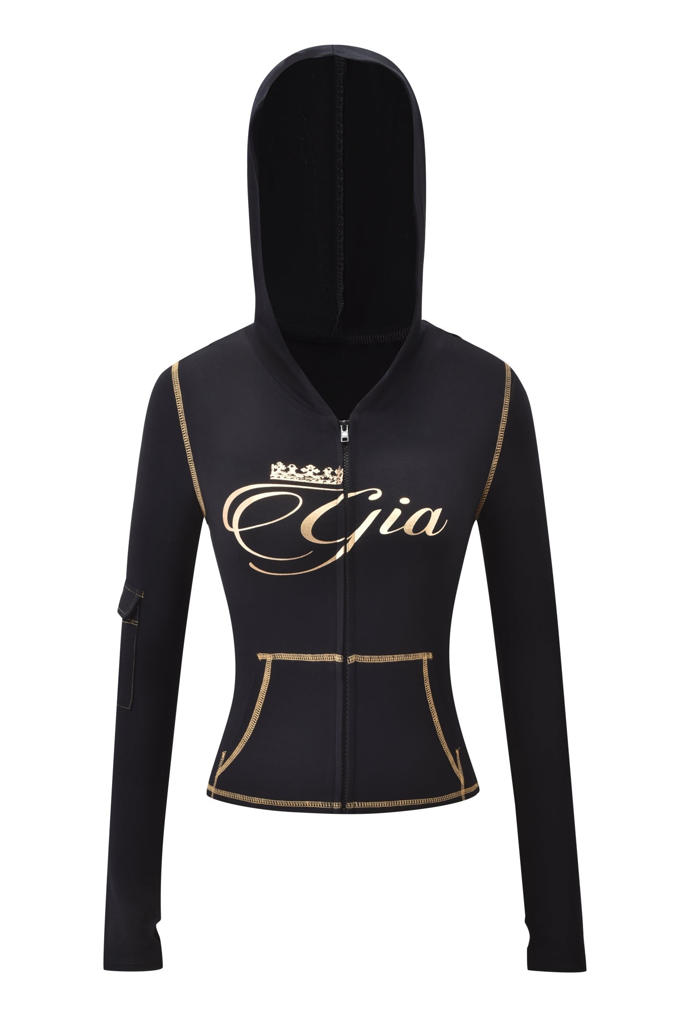 The BLARE FORM MULTI POCKET HOODIE by I.AM.GIA features black and gold colors, gold stitching, multiple pockets, a crown "Gia" script on the chest, and a bodycon fit. Shown with the hood up against a plain white background.